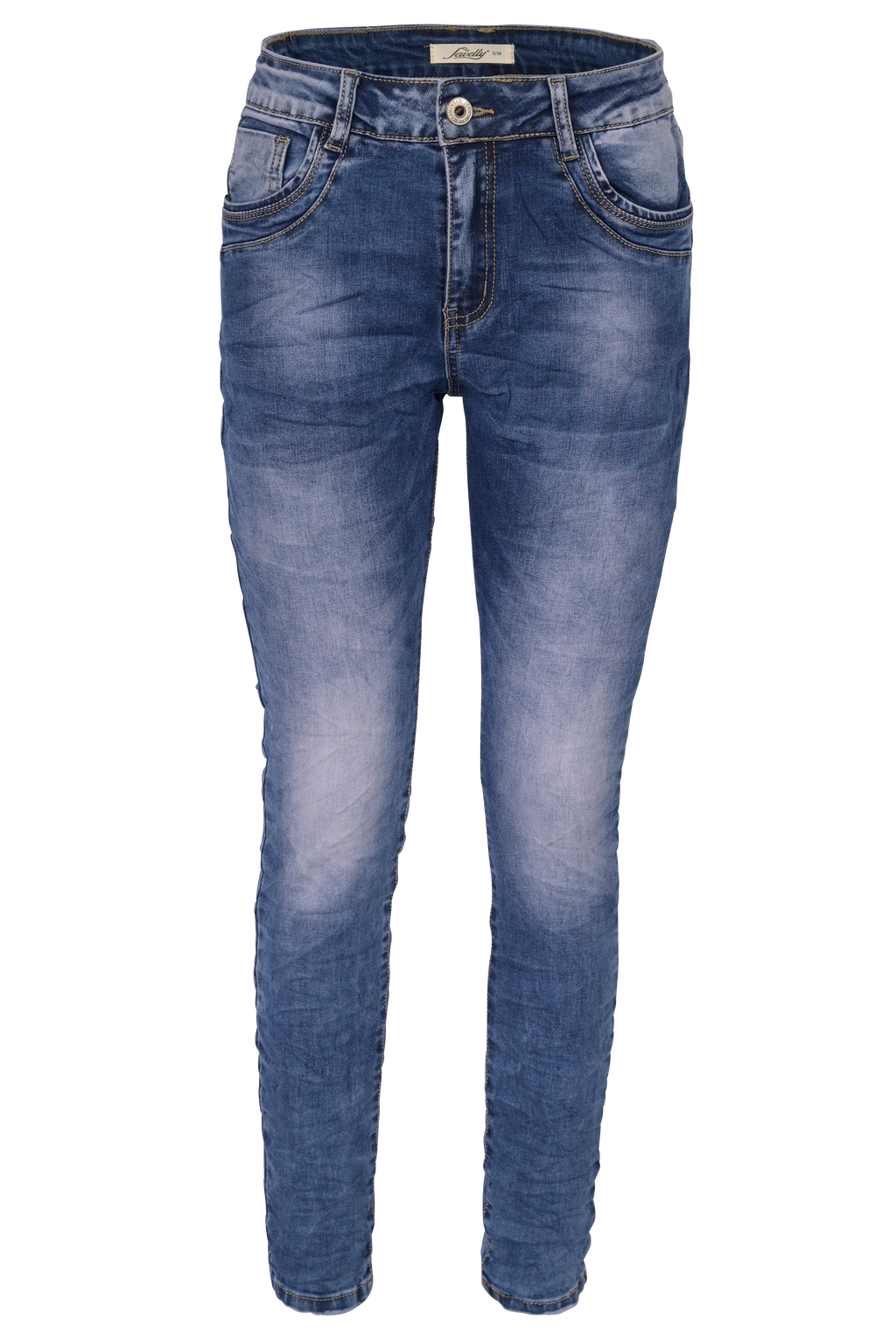 Jewelly Damen Jeans  | Stretch Jeans Five-Pocket im Crash-Look | Boyfriend -Cut - im Crash-Look mit Reißverschluss