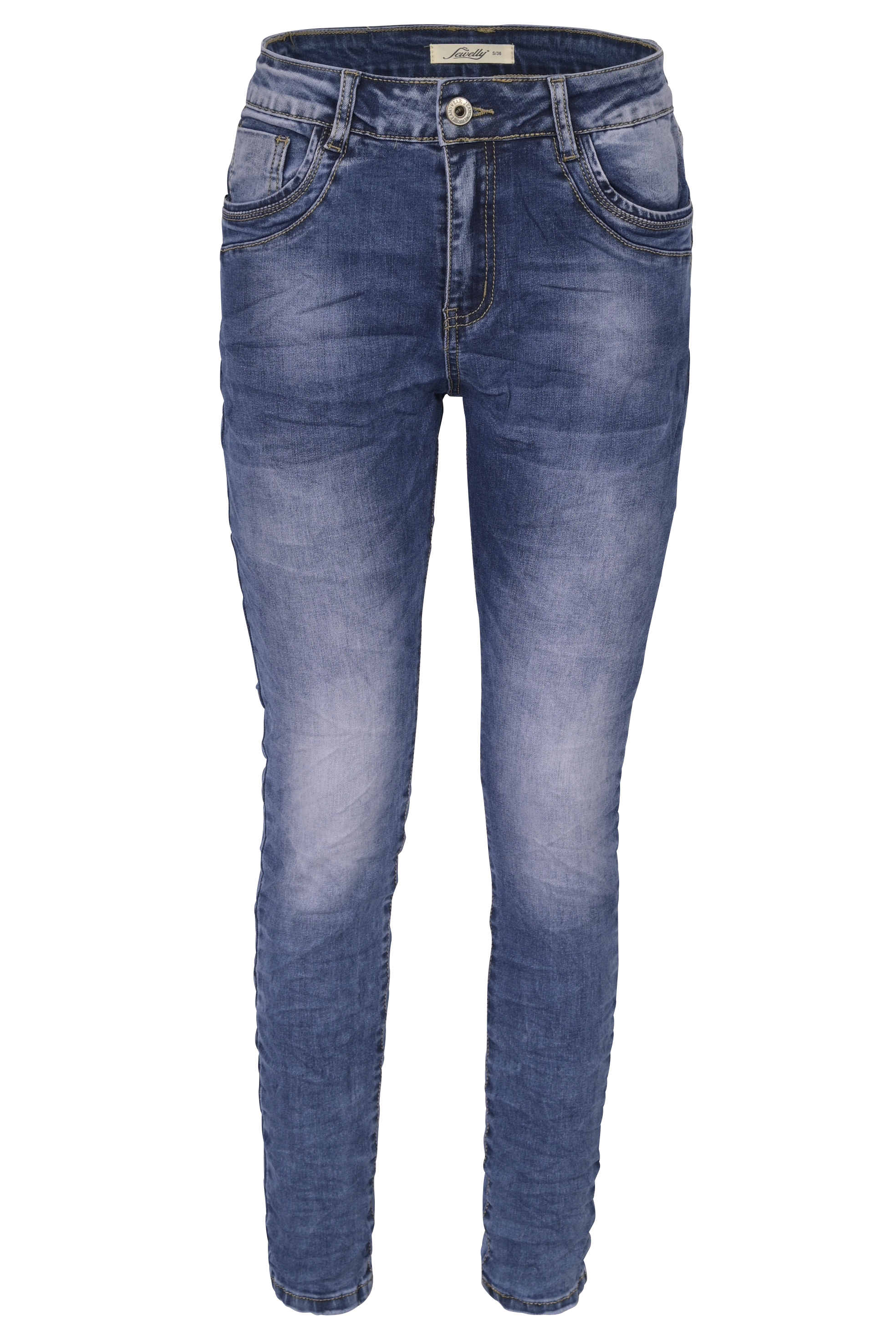 Jewelly Damen Jeans  | Stretch Jeans Five-Pocket im Crash-Look | Boyfriend -Cut - im Crash-Look mit Reißverschluss