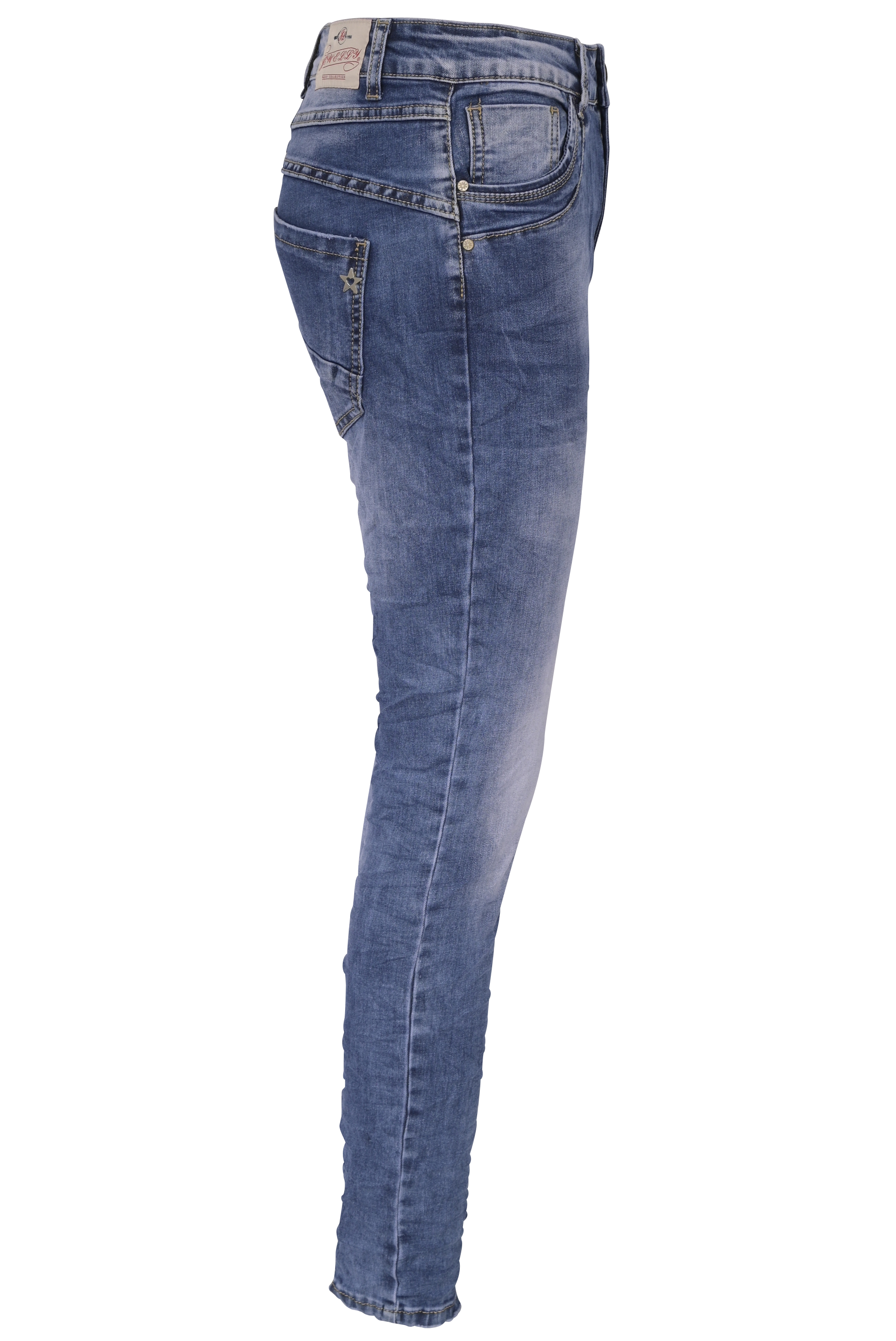 Jewelly Damen Jeans  | Stretch Jeans Five-Pocket im Crash-Look | Boyfriend -Cut - im Crash-Look mit Reißverschluss
