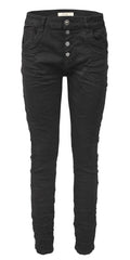 Jewelly Damen Stretch Jeans Five-Pocket im Crash-Look | Boyfriend Hose und sichtbarer Knopfleiste mit Schmuckknöpfen