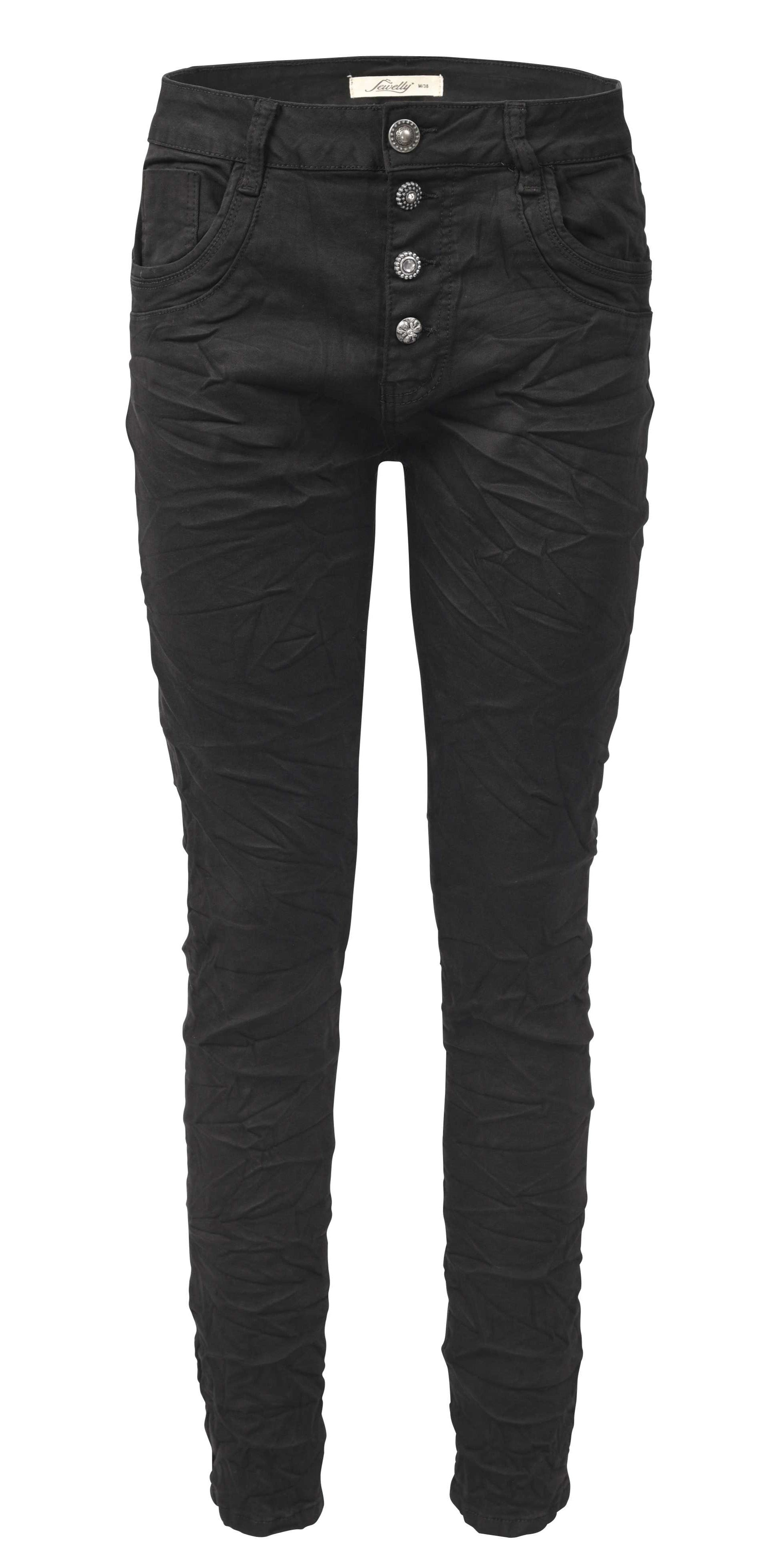Jewelly Damen Stretch Jeans Five-Pocket im Crash-Look | Boyfriend Hose und sichtbarer Knopfleiste mit Schmuckknöpfen