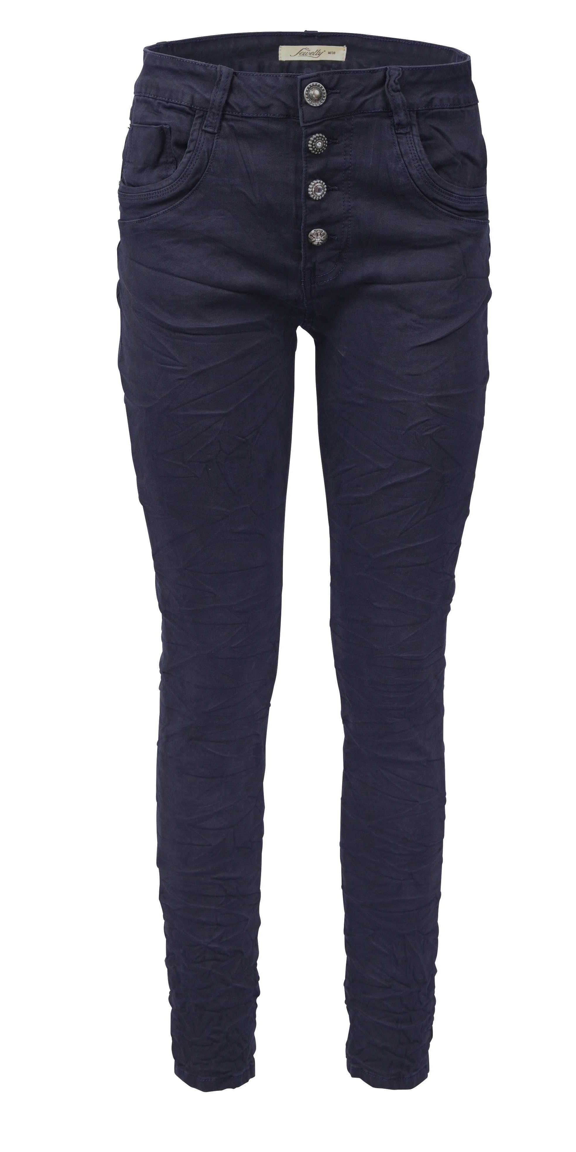 Jewelly Damen Stretch Jeans Five-Pocket im Crash-Look | Boyfriend Hose und sichtbarer Knopfleiste mit Schmuckknöpfen