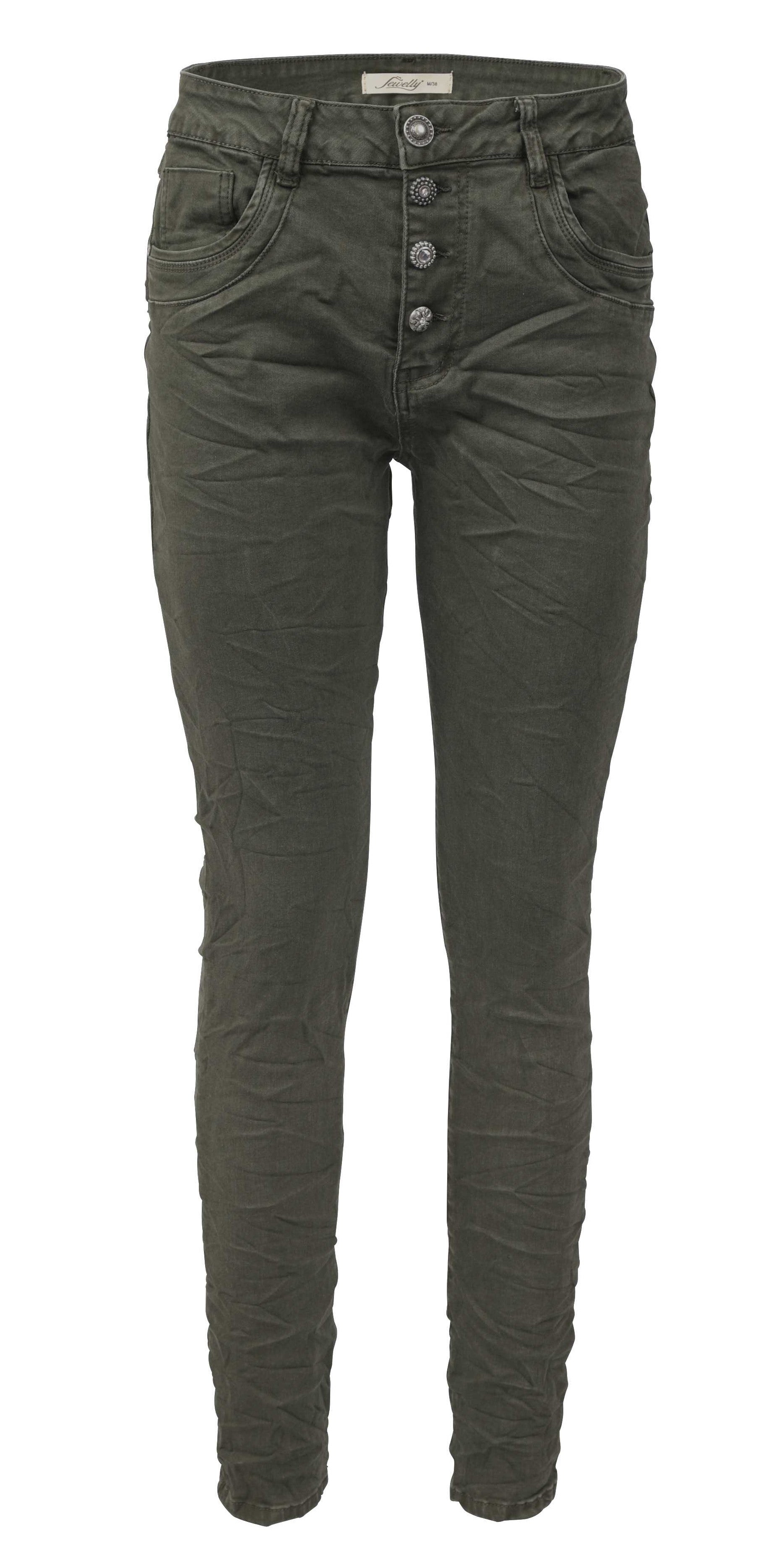 Jewelly Damen Stretch Jeans Five-Pocket im Crash-Look | Boyfriend Hose und sichtbarer Knopfleiste mit Schmuckknöpfen