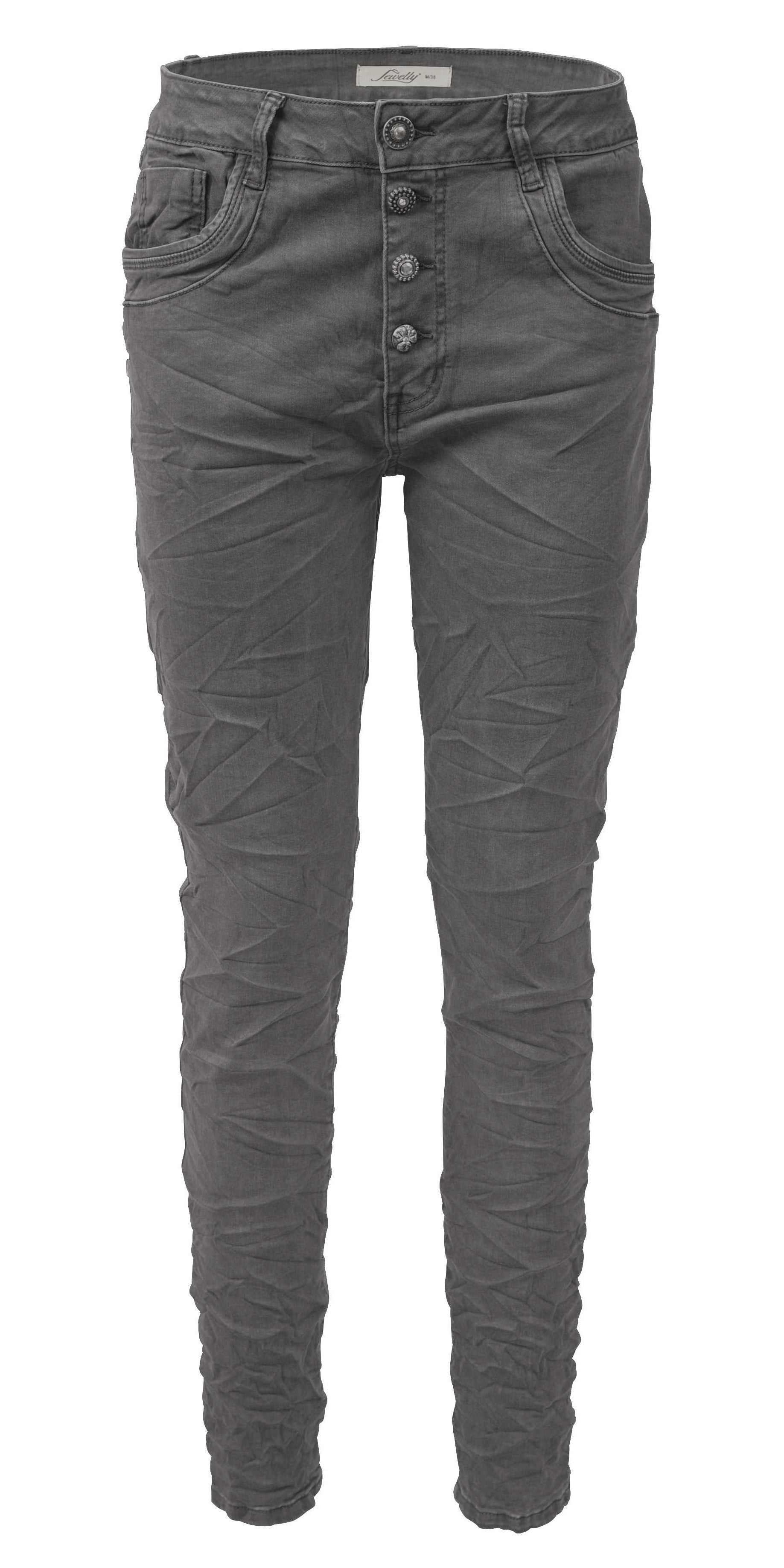 Jewelly Damen Stretch Jeans Five-Pocket im Crash-Look | Boyfriend Hose und sichtbarer Knopfleiste mit Schmuckknöpfen