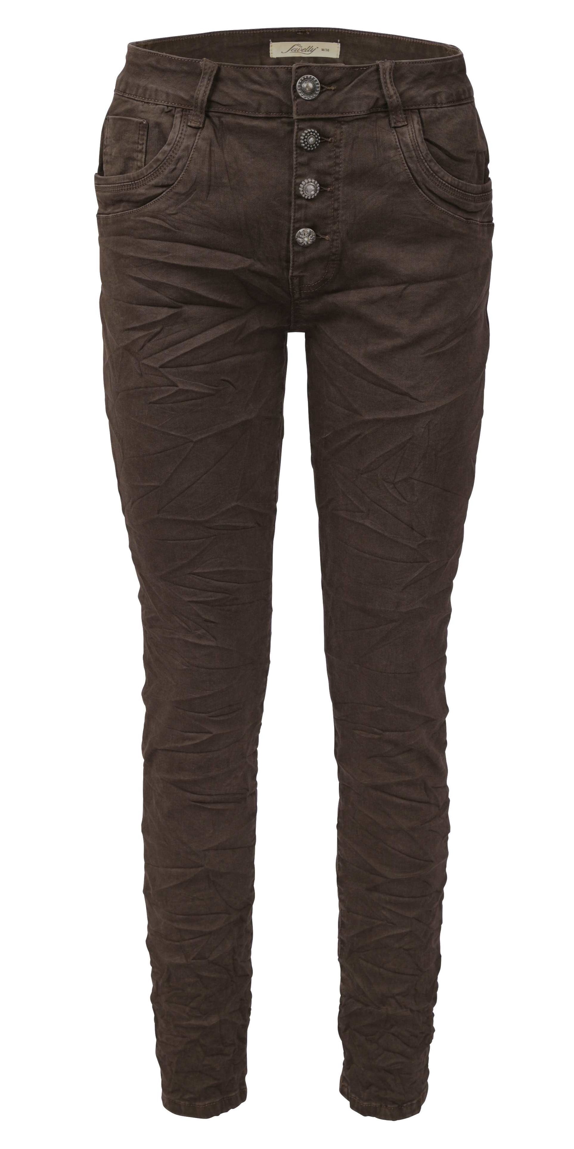 Jewelly Damen Stretch Jeans Five-Pocket im Crash-Look | Boyfriend Hose und sichtbarer Knopfleiste mit Schmuckknöpfen