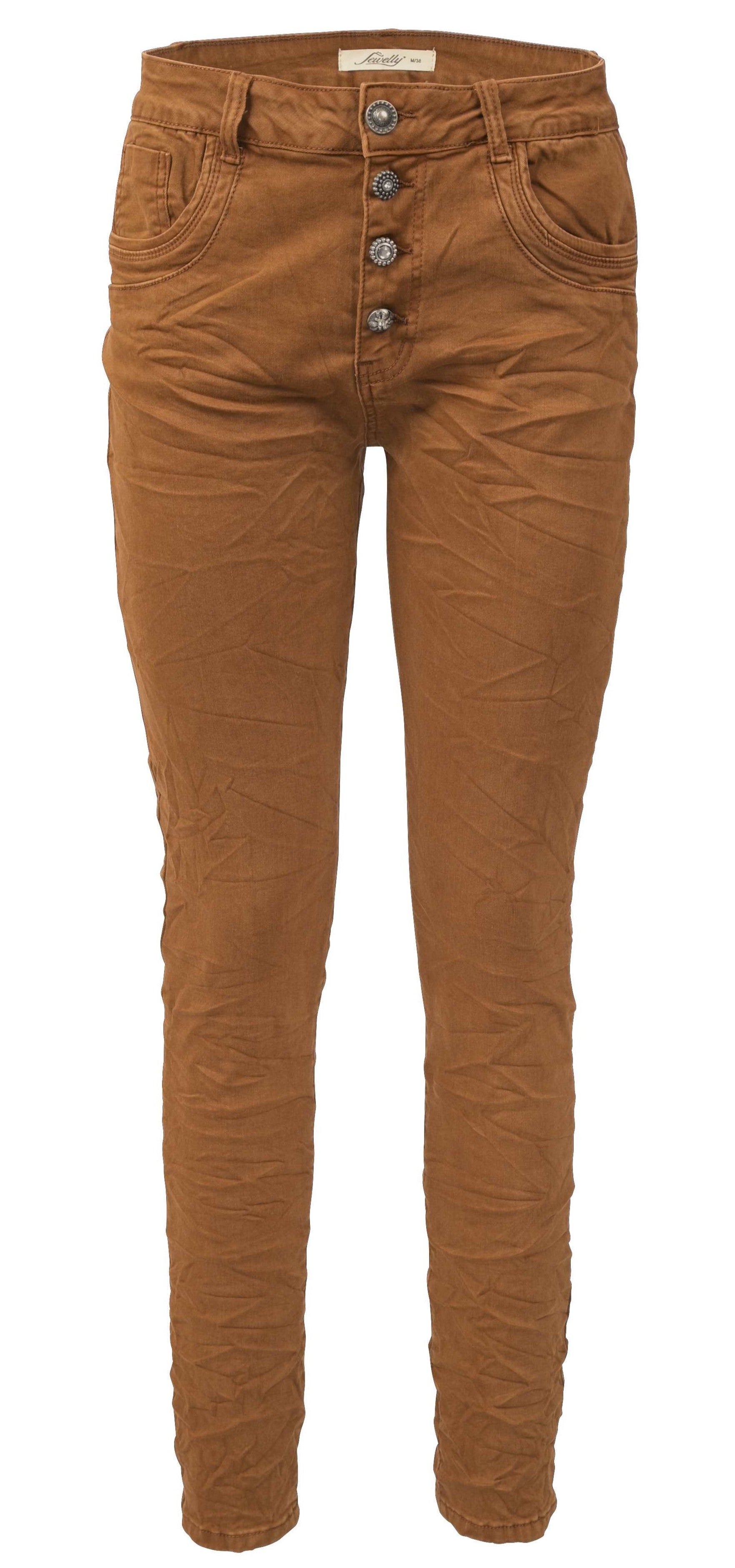 Jewelly Damen Stretch Jeans Five-Pocket im Crash-Look | Boyfriend Hose und sichtbarer Knopfleiste mit Schmuckknöpfen