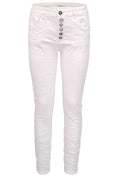 Jewelly Damen Stretch Jeans Five-Pocket im Crash-Look | Boyfriend Hose und sichtbarer Knopfleiste mit Schmuckknöpfen