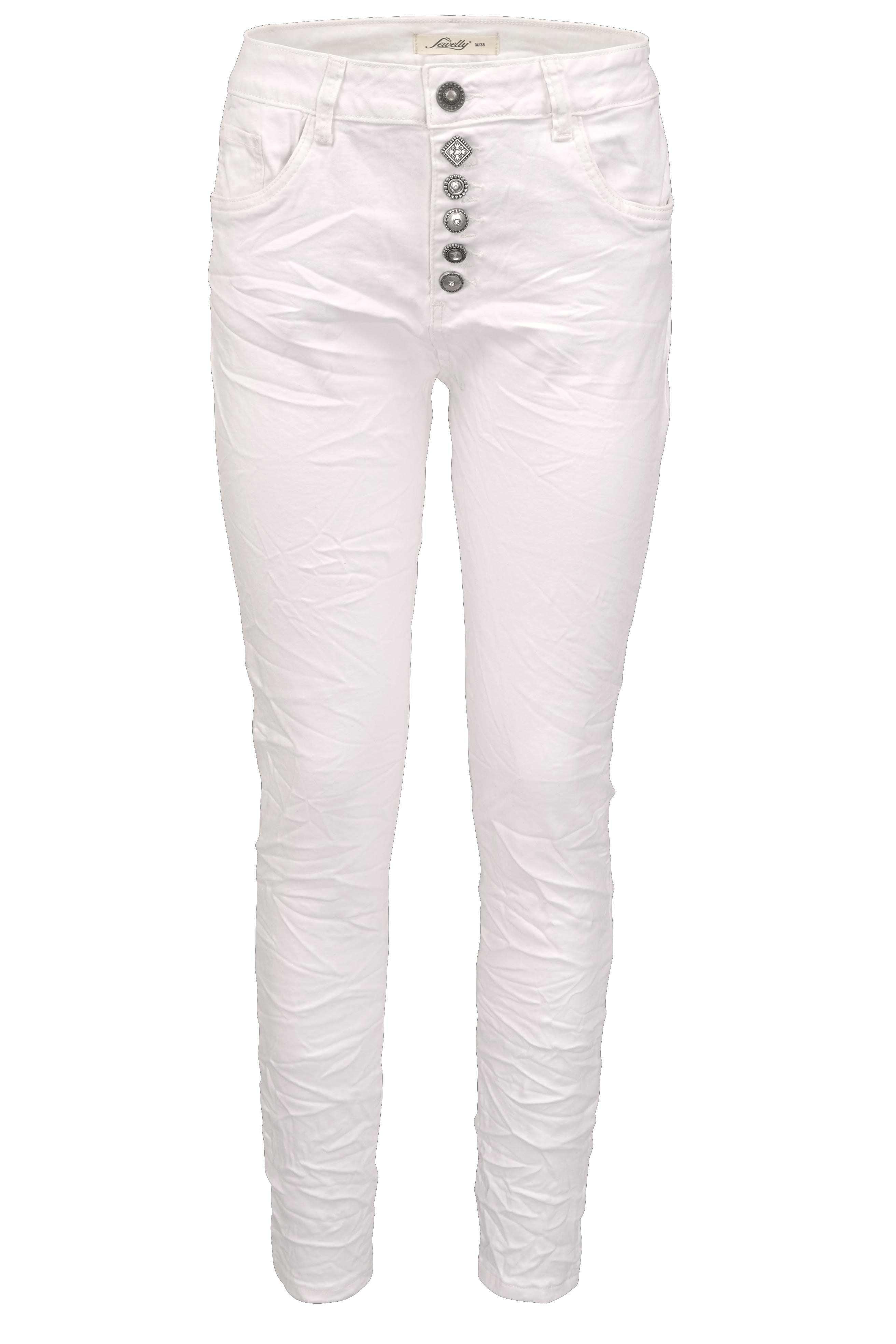 Jewelly Damen Stretch Jeans Five-Pocket im Crash-Look | Boyfriend Hose und sichtbarer Knopfleiste mit Schmuckknöpfen