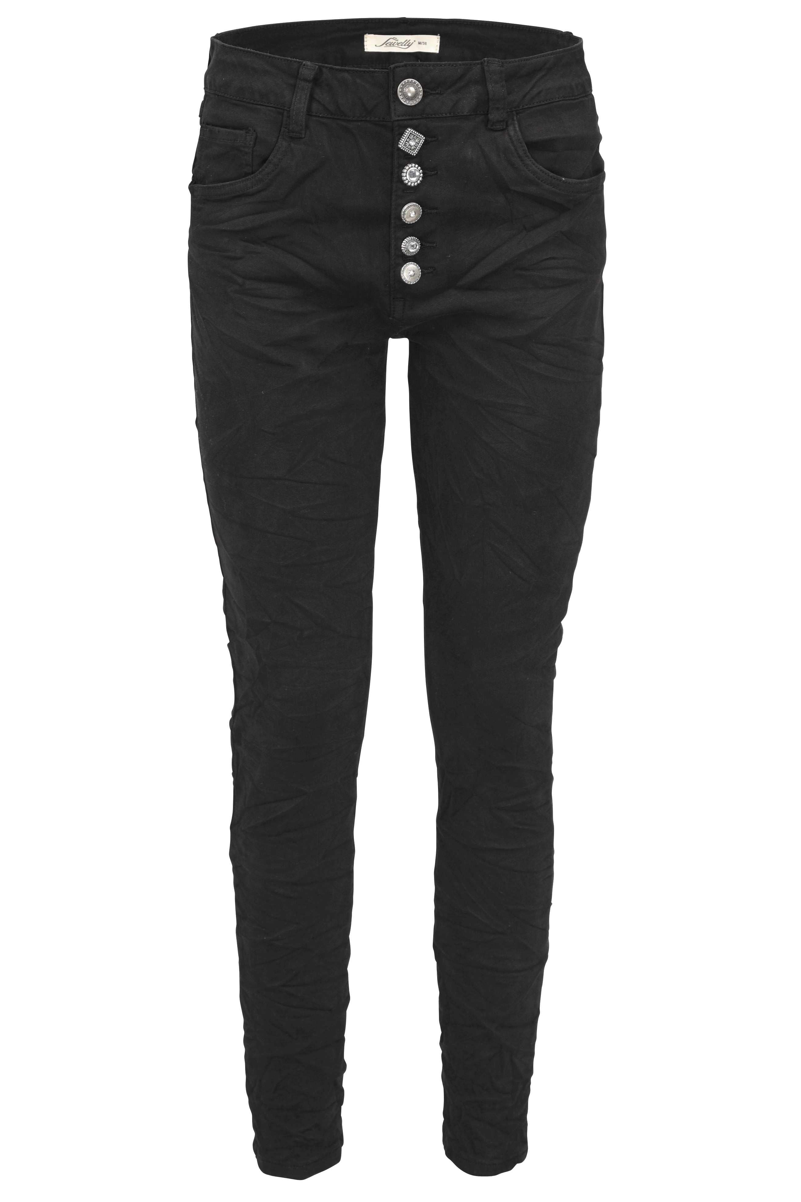 Jewelly Damen Stretch Jeans Five-Pocket im Crash-Look | Boyfriend Hose und sichtbarer Knopfleiste mit Schmuckknöpfen