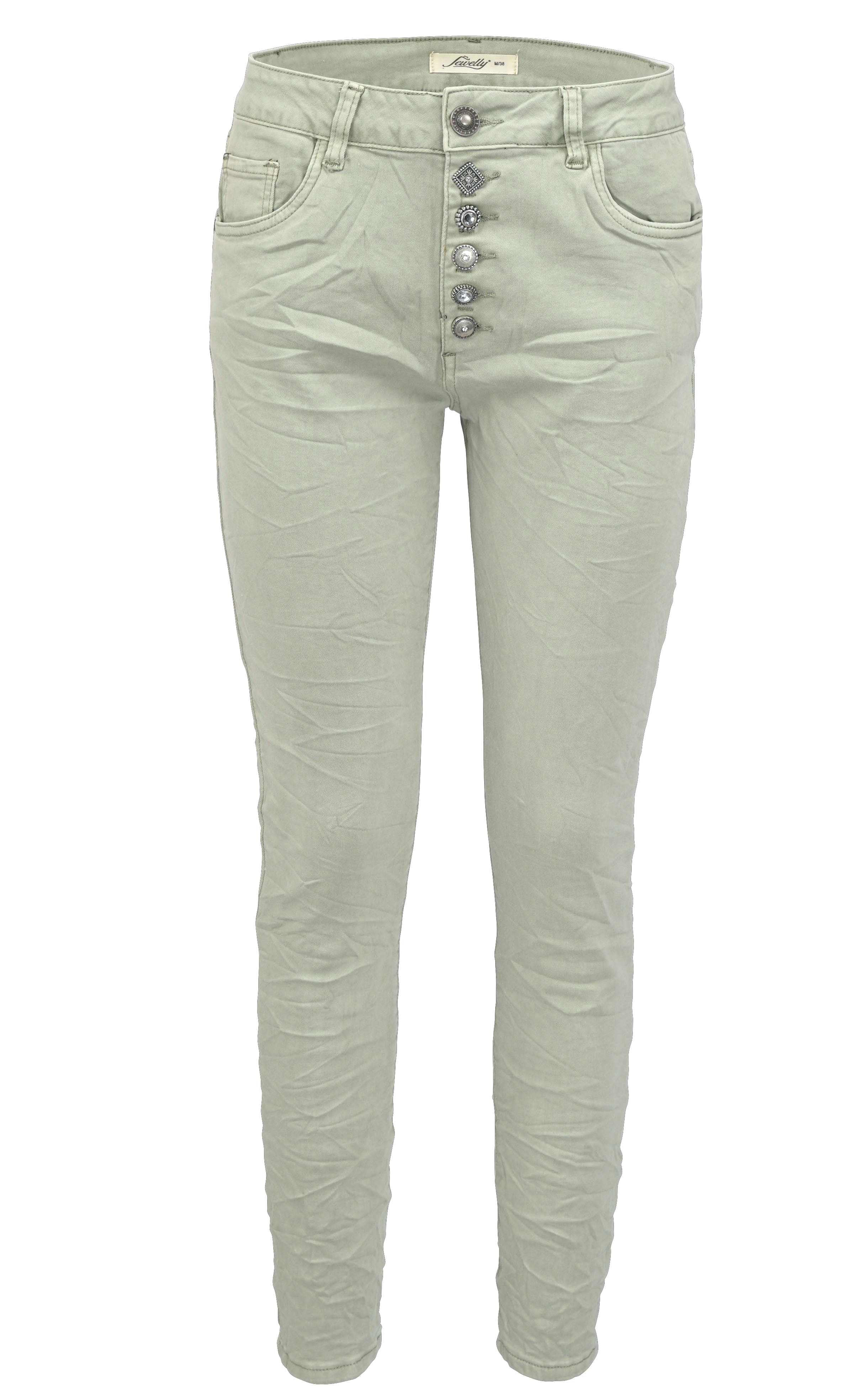 Jewelly Damen Stretch Jeans Five-Pocket im Crash-Look | Boyfriend Hose und sichtbarer Knopfleiste mit Schmuckknöpfen