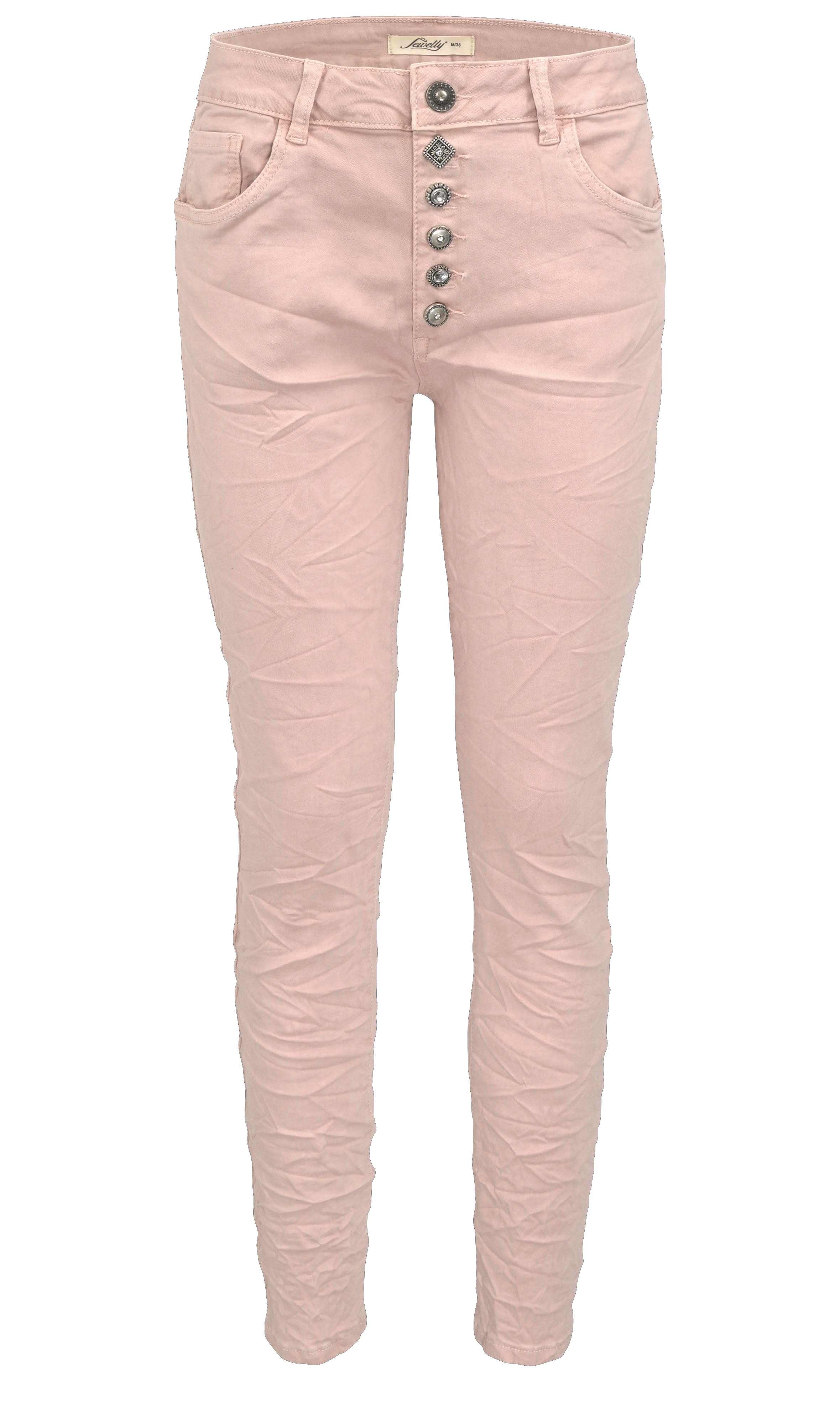 Jewelly Damen Stretch Jeans Five-Pocket im Crash-Look | Boyfriend Hose und sichtbarer Knopfleiste mit Schmuckknöpfen