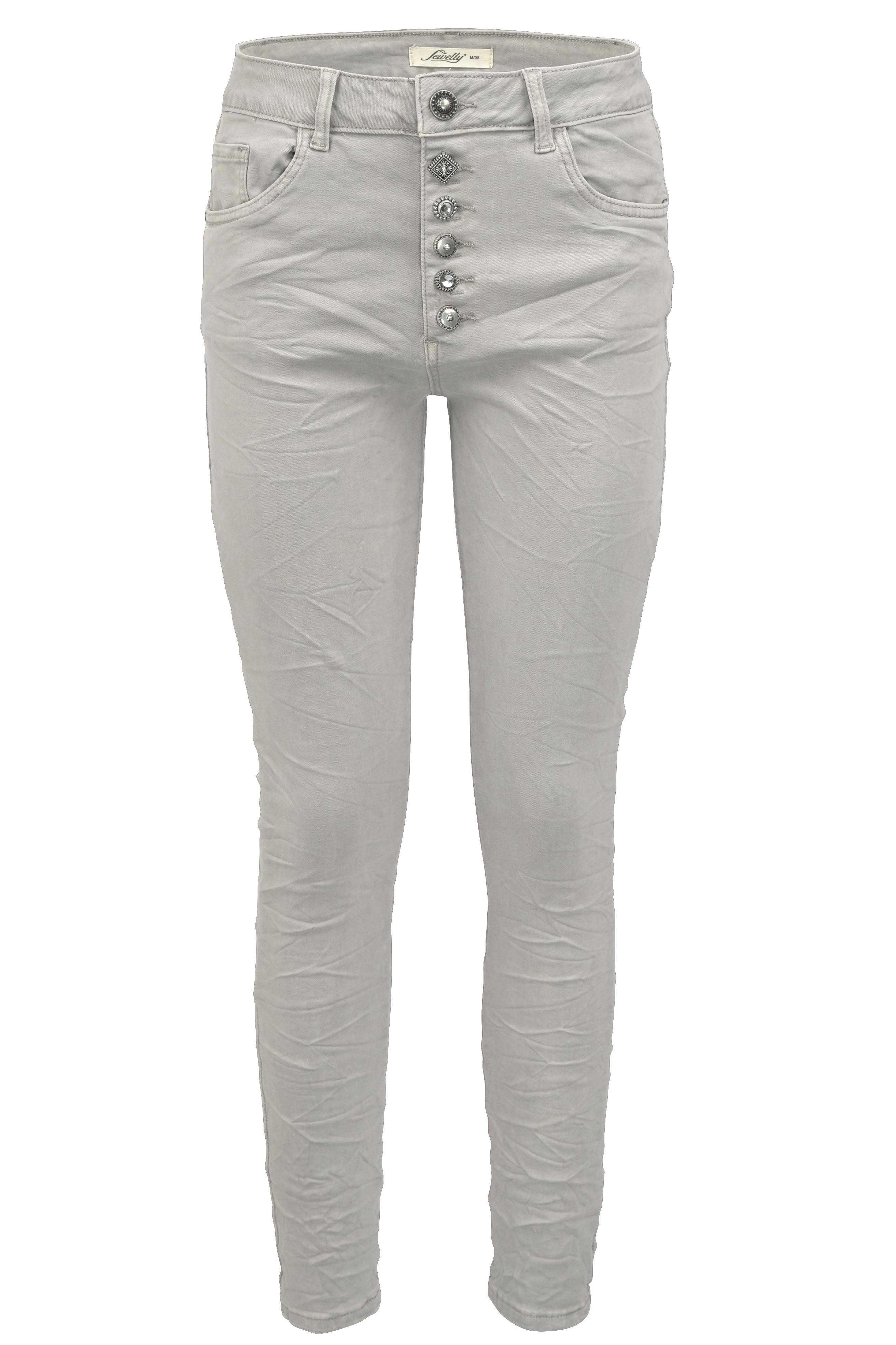 Jewelly Damen Stretch Jeans Five-Pocket im Crash-Look | Boyfriend Hose und sichtbarer Knopfleiste mit Schmuckknöpfen
