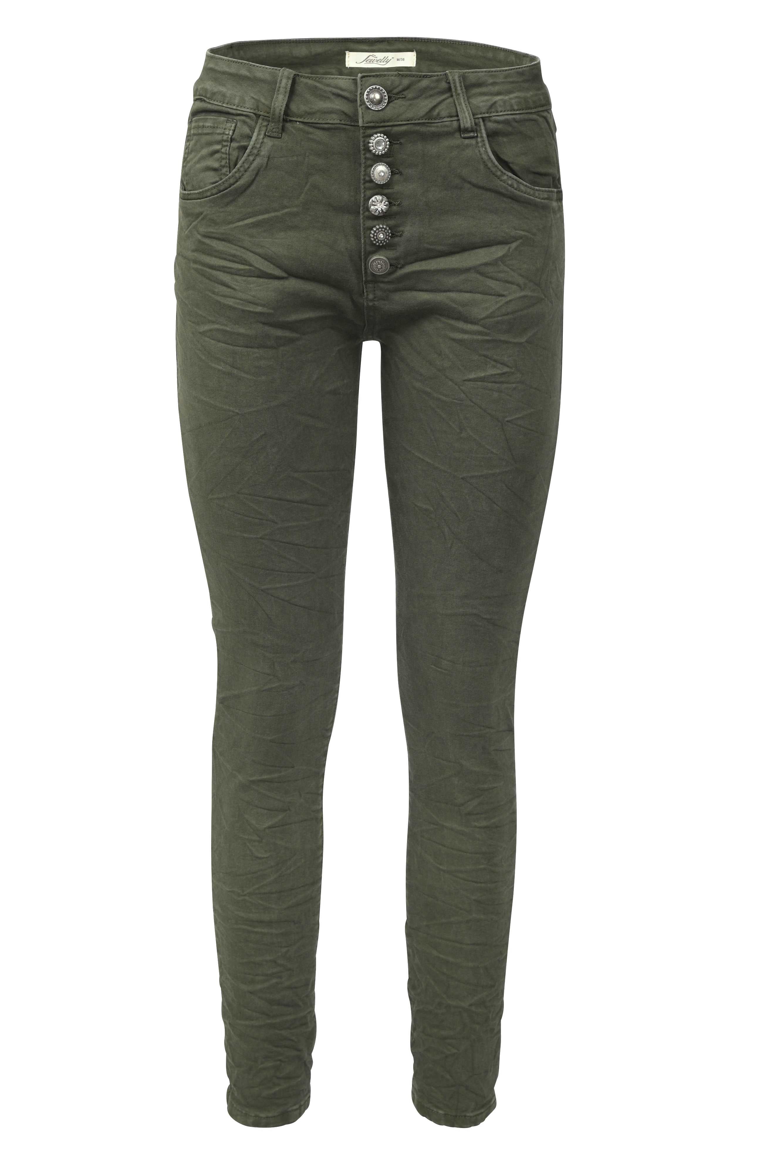 Jewelly Damen Stretch Jeans Five-Pocket im Crash-Look | Boyfriend Hose und sichtbarer Knopfleiste mit Schmuckknöpfen