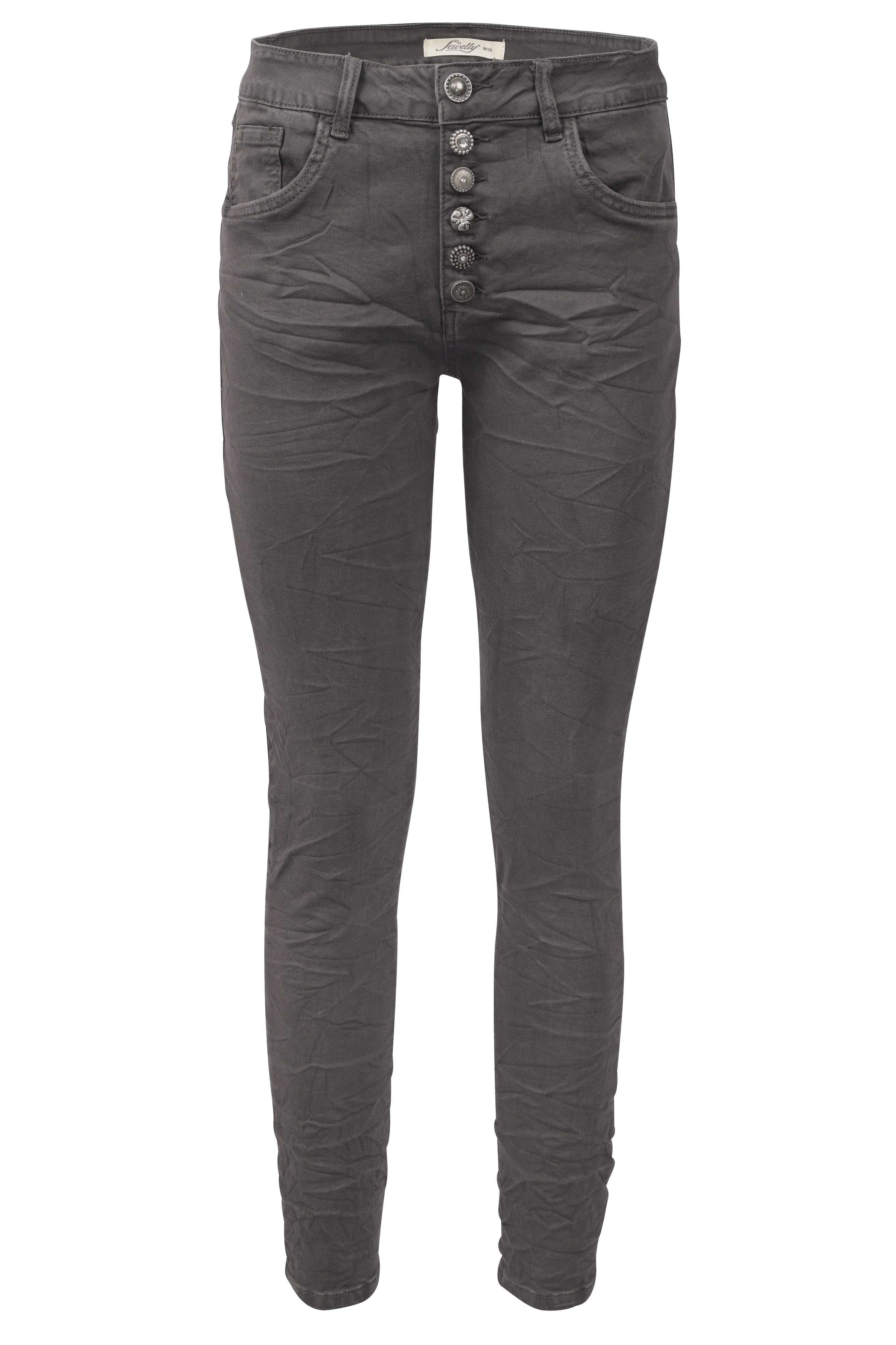 Jewelly Damen Stretch Jeans Five-Pocket im Crash-Look | Boyfriend Hose und sichtbarer Knopfleiste mit Schmuckknöpfen
