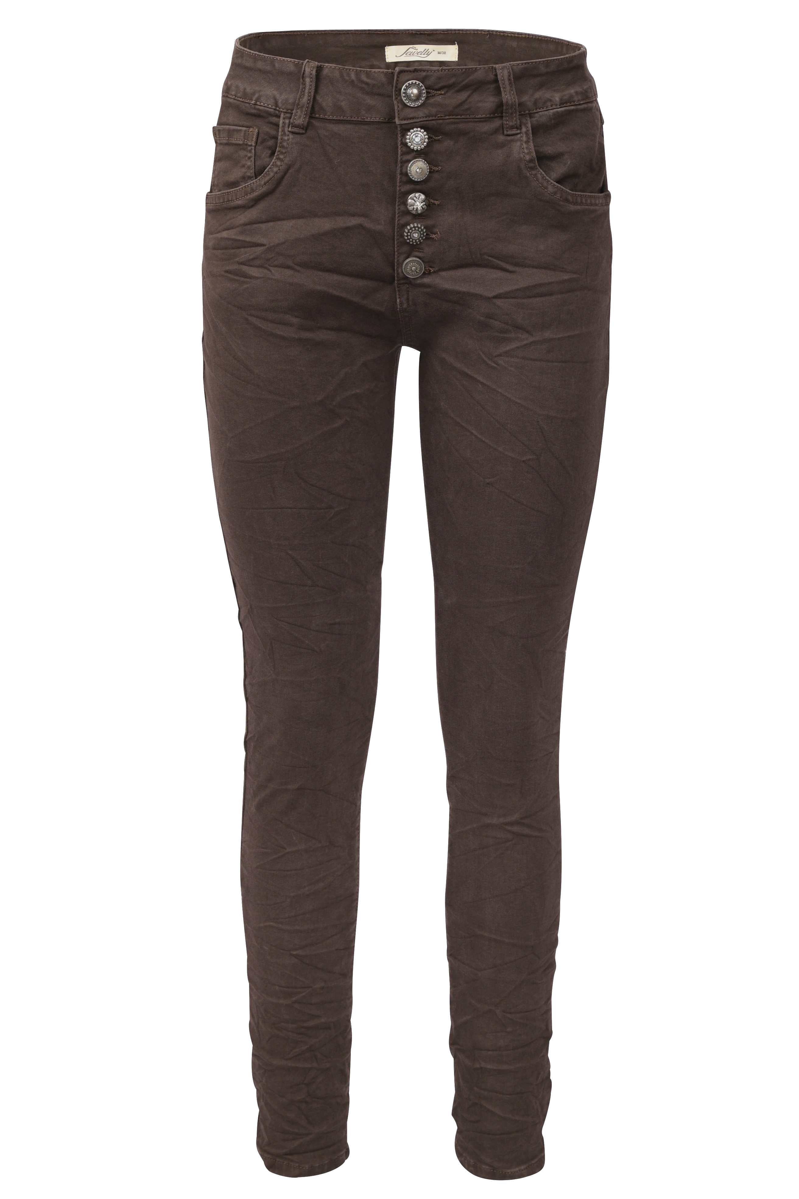 Jewelly Damen Stretch Jeans Five-Pocket im Crash-Look | Boyfriend Hose und sichtbarer Knopfleiste mit Schmuckknöpfen