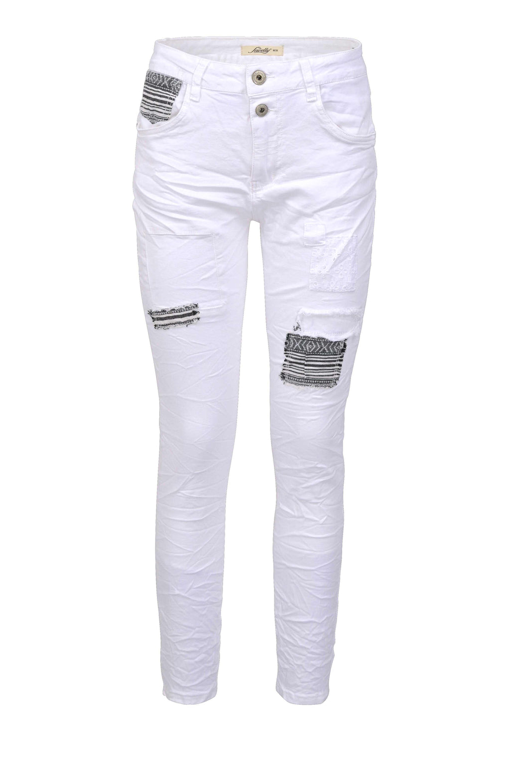 Jewelly Damen Stretch Boyfriend Jeans -  Patches Aufnäher - Five-Pocket im Crash-Look