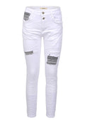 Jewelly Damen Stretch Boyfriend Jeans -  Patches Aufnäher - Five-Pocket im Crash-Look