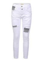 Jewelly Damen Stretch Boyfriend Jeans -  Patches Aufnäher - Five-Pocket im Crash-Look