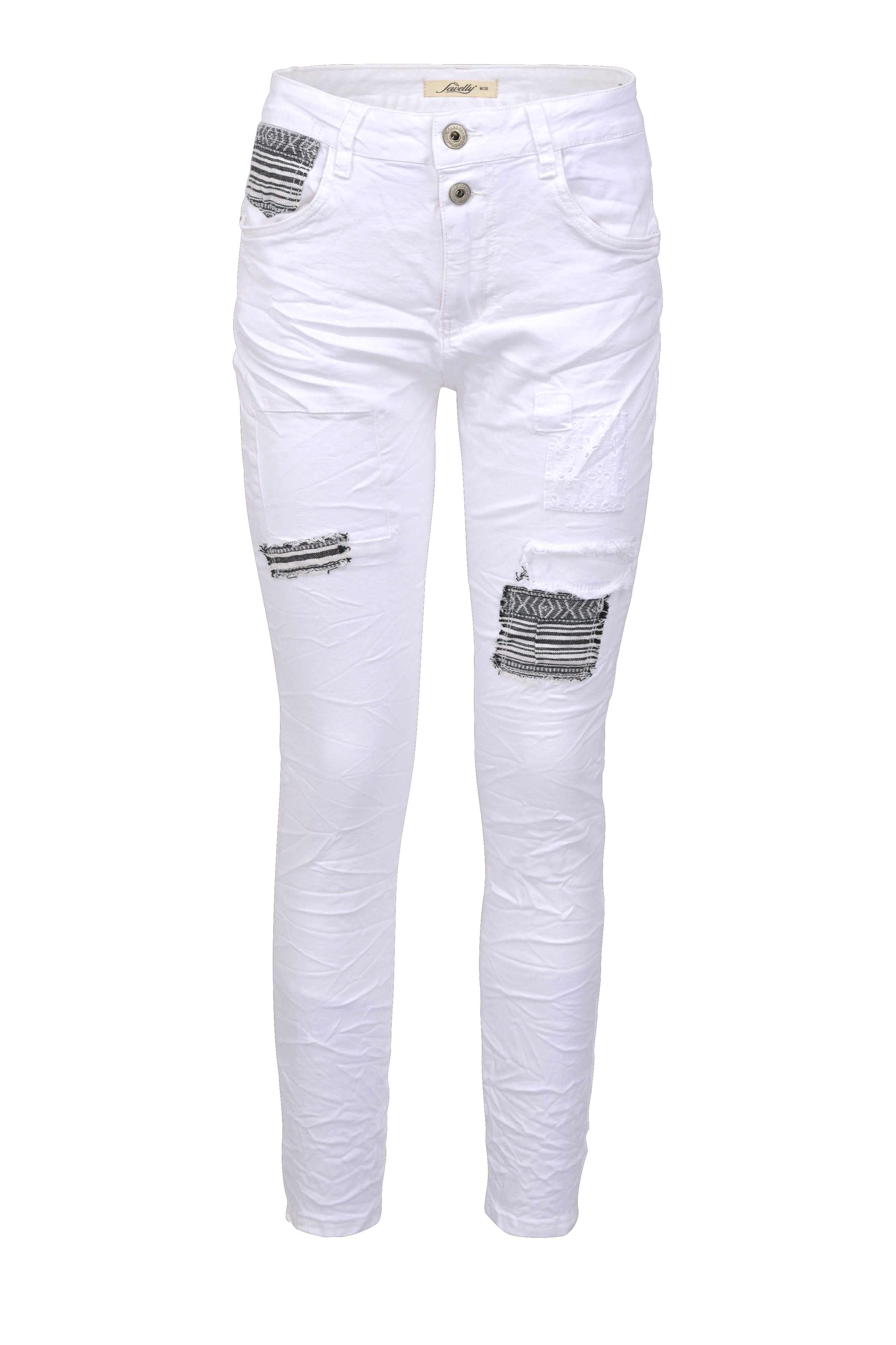 Jewelly Damen Stretch Boyfriend Jeans -  Patches Aufnäher - Five-Pocket im Crash-Look