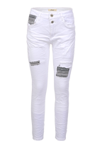 Jewelly Damen Stretch Boyfriend Jeans -  Patches Aufnäher - Five-Pocket im Crash-Look