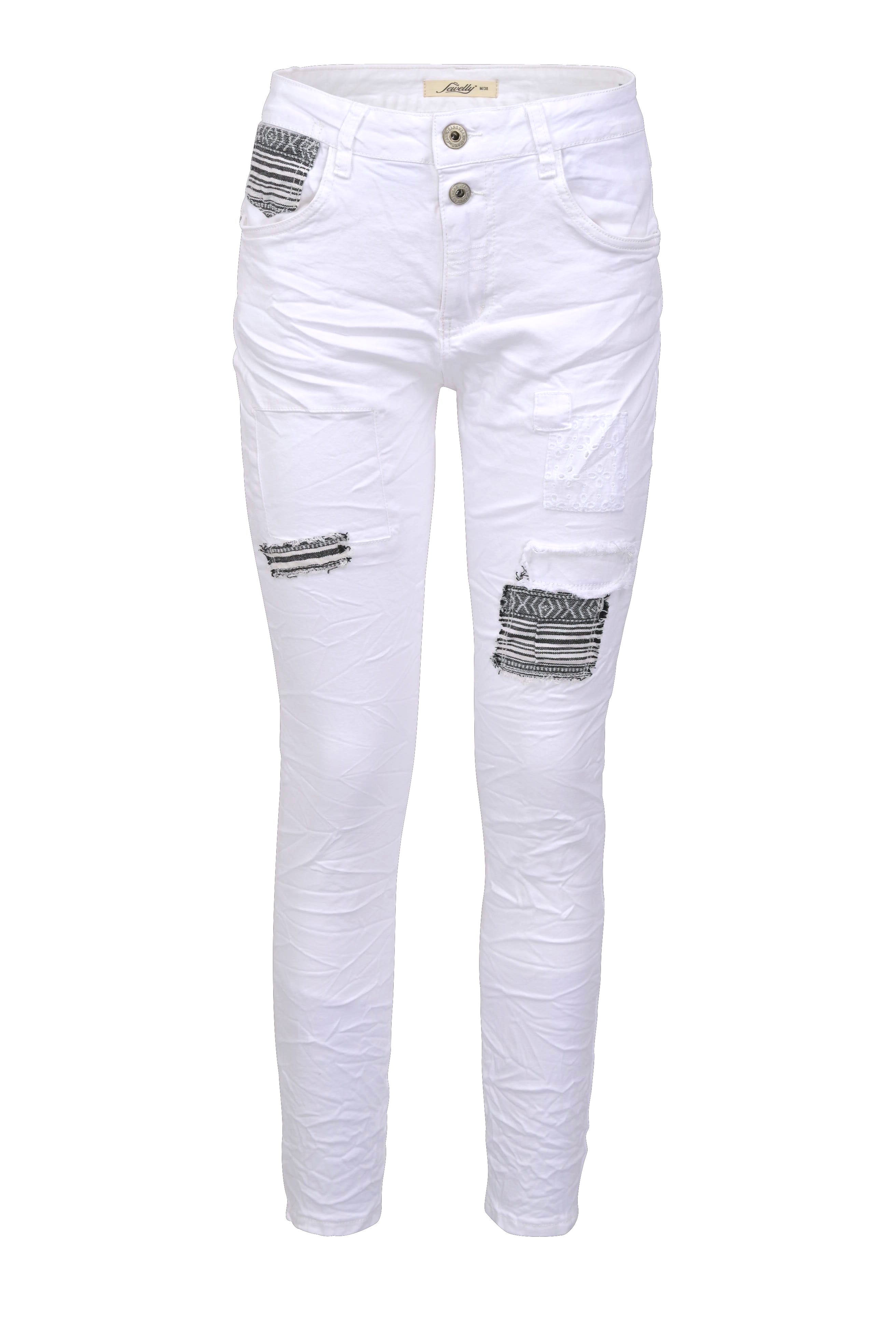 Jewelly Damen Stretch Boyfriend Jeans -  Patches Aufnäher - Five-Pocket im Crash-Look