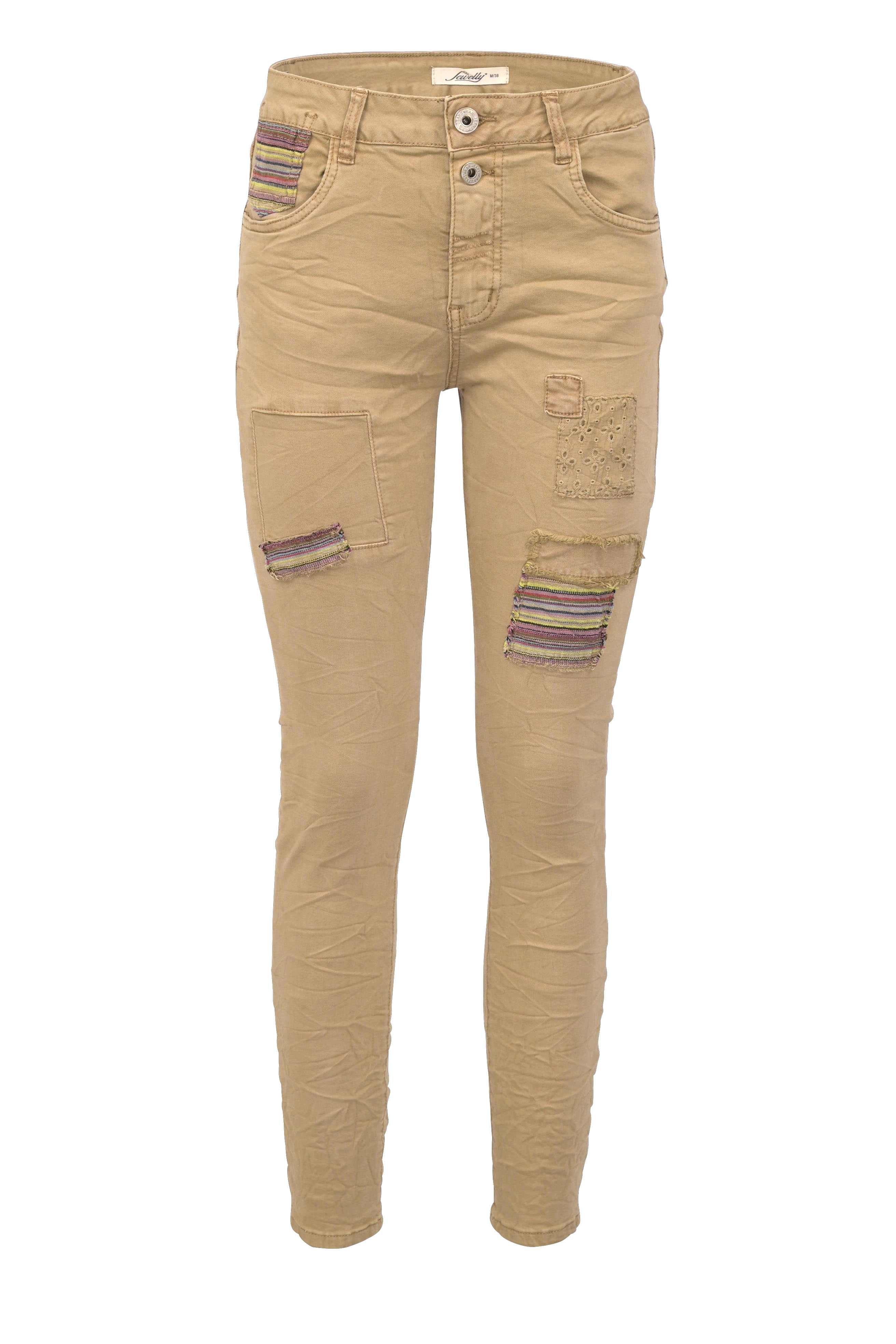 Jewelly Damen Stretch Boyfriend Jeans -  Patches Aufnäher - Five-Pocket im Crash-Look