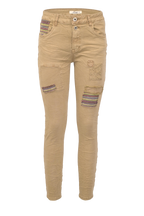 Jewelly Damen Stretch Boyfriend Jeans -  Patches Aufnäher - Five-Pocket im Crash-Look