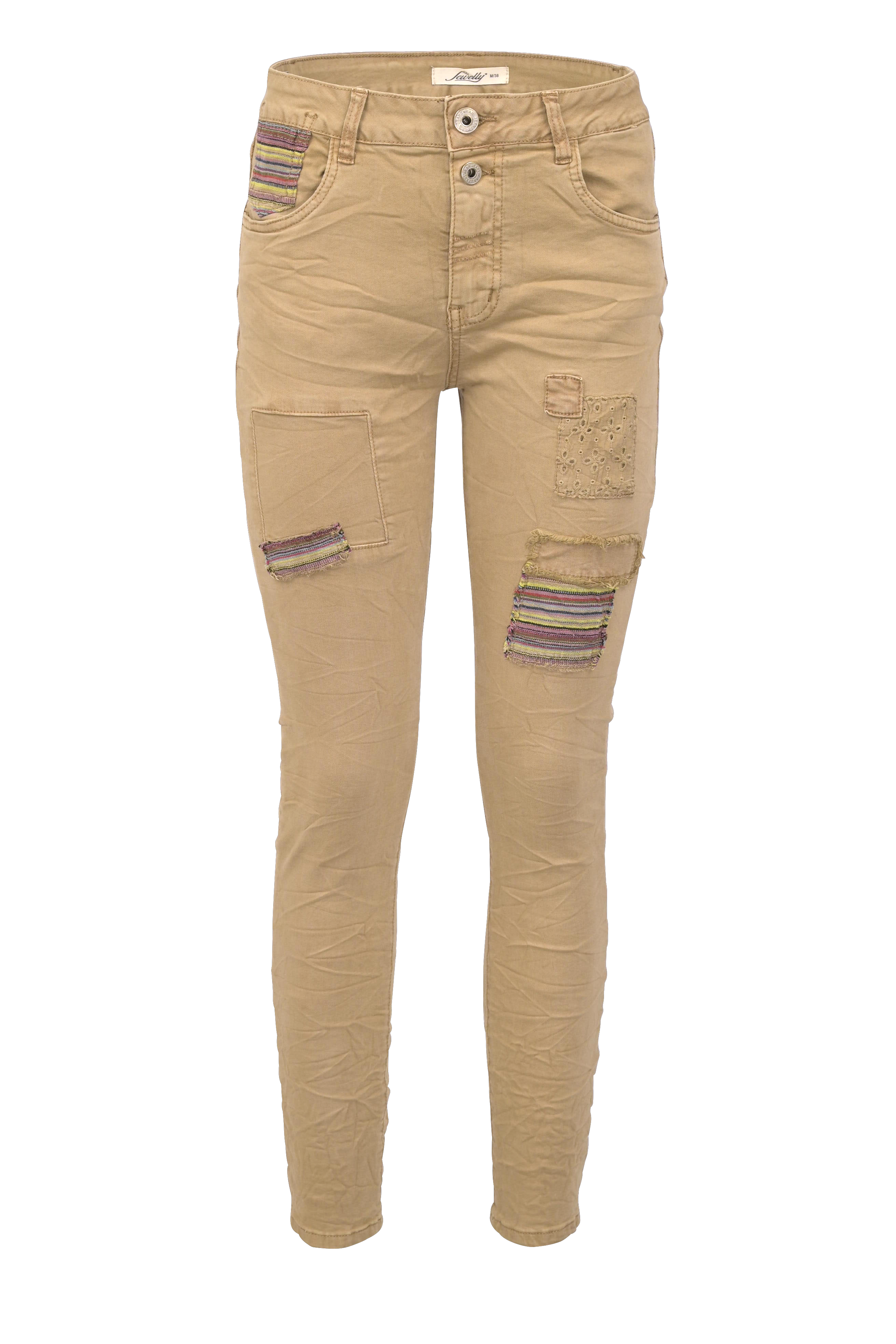 Jewelly Damen Stretch Boyfriend Jeans -  Patches Aufnäher - Five-Pocket im Crash-Look