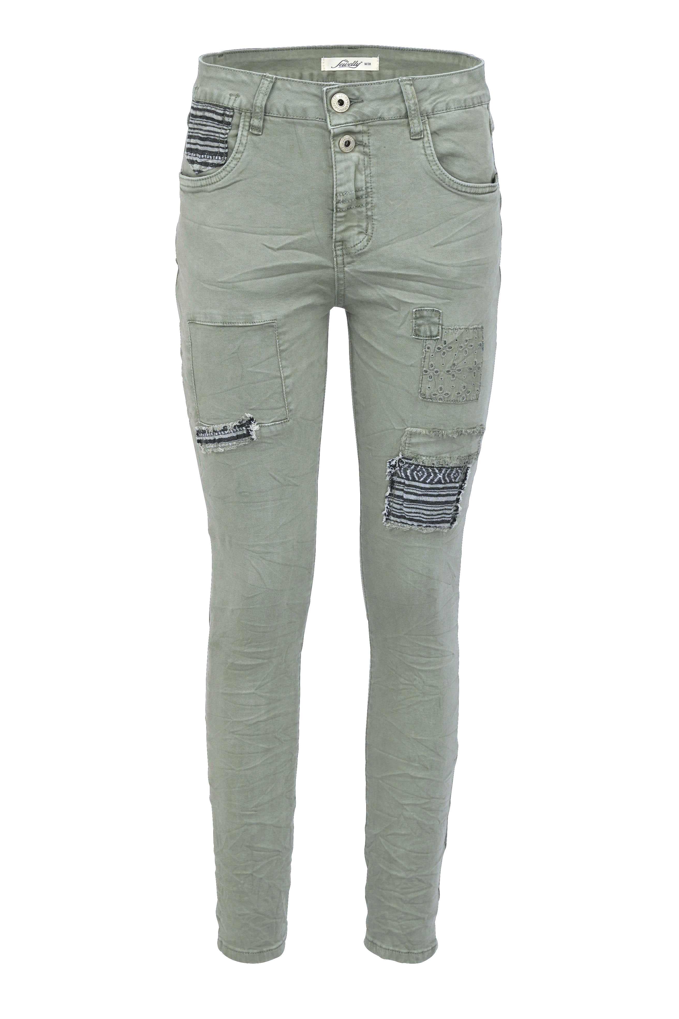 Jewelly Damen Stretch Boyfriend Jeans -  Patches Aufnäher - Five-Pocket im Crash-Look