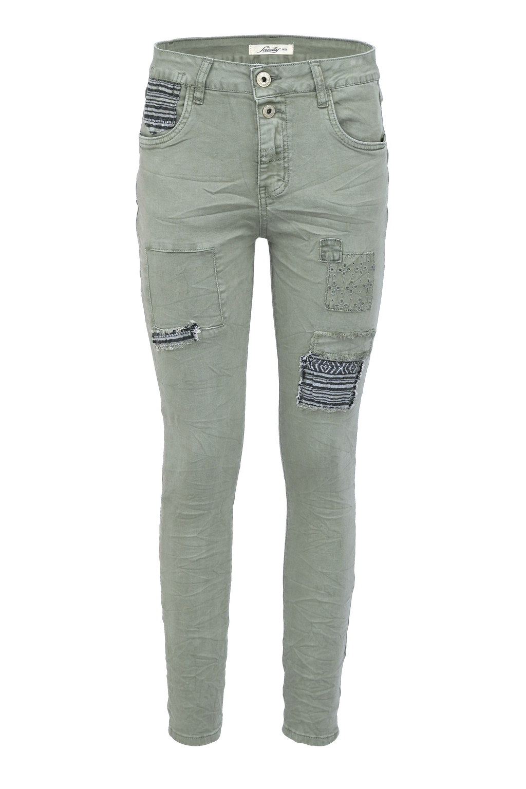 Jewelly Damen Stretch Boyfriend Jeans -  Patches Aufnäher - Five-Pocket im Crash-Look