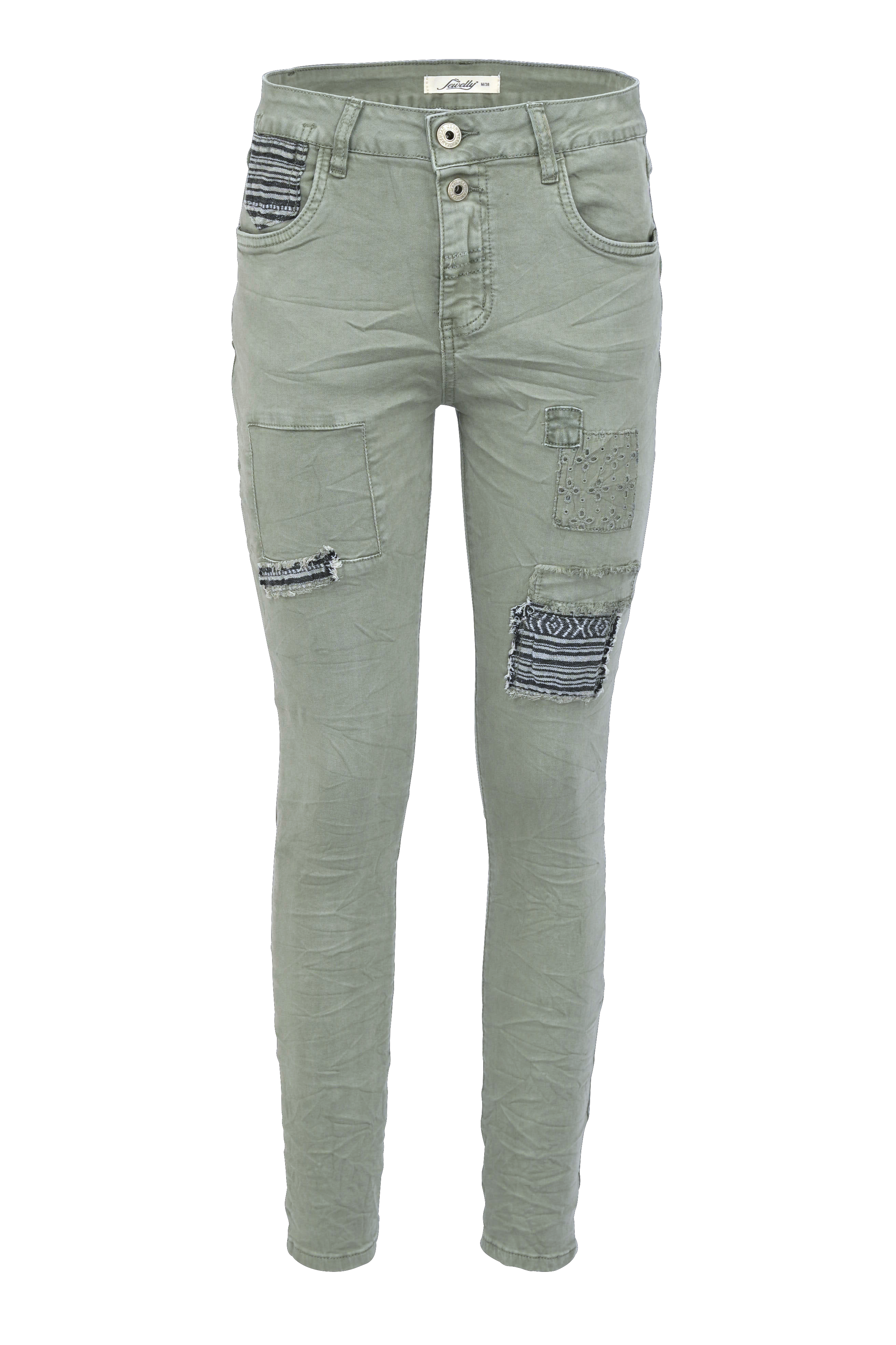 Jewelly Damen Stretch Boyfriend Jeans -  Patches Aufnäher - Five-Pocket im Crash-Look