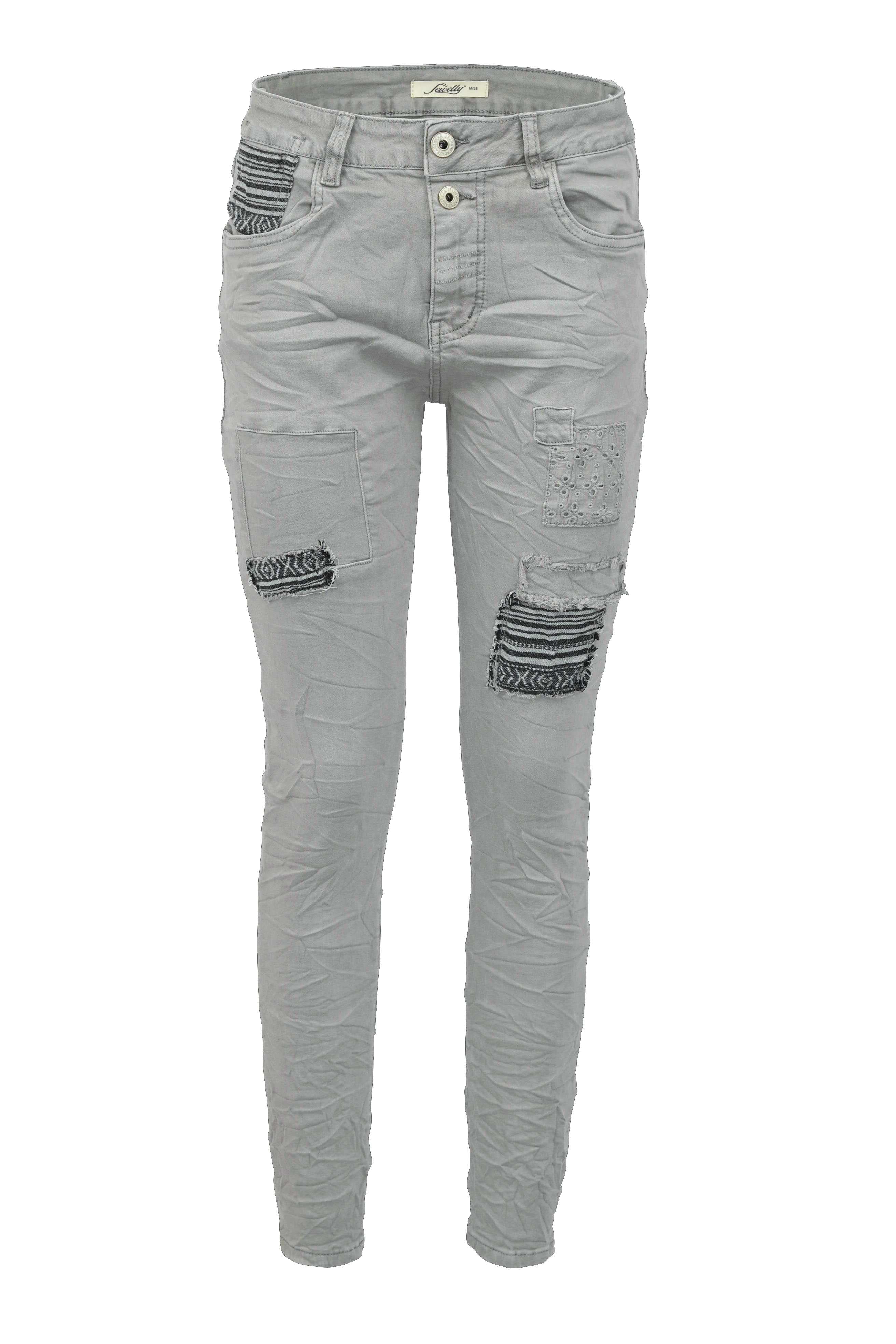 Jewelly Damen Stretch Boyfriend Jeans -  Patches Aufnäher - Five-Pocket im Crash-Look
