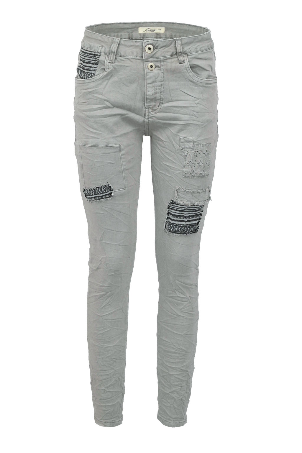 Jewelly Damen Stretch Boyfriend Jeans -  Patches Aufnäher - Five-Pocket im Crash-Look