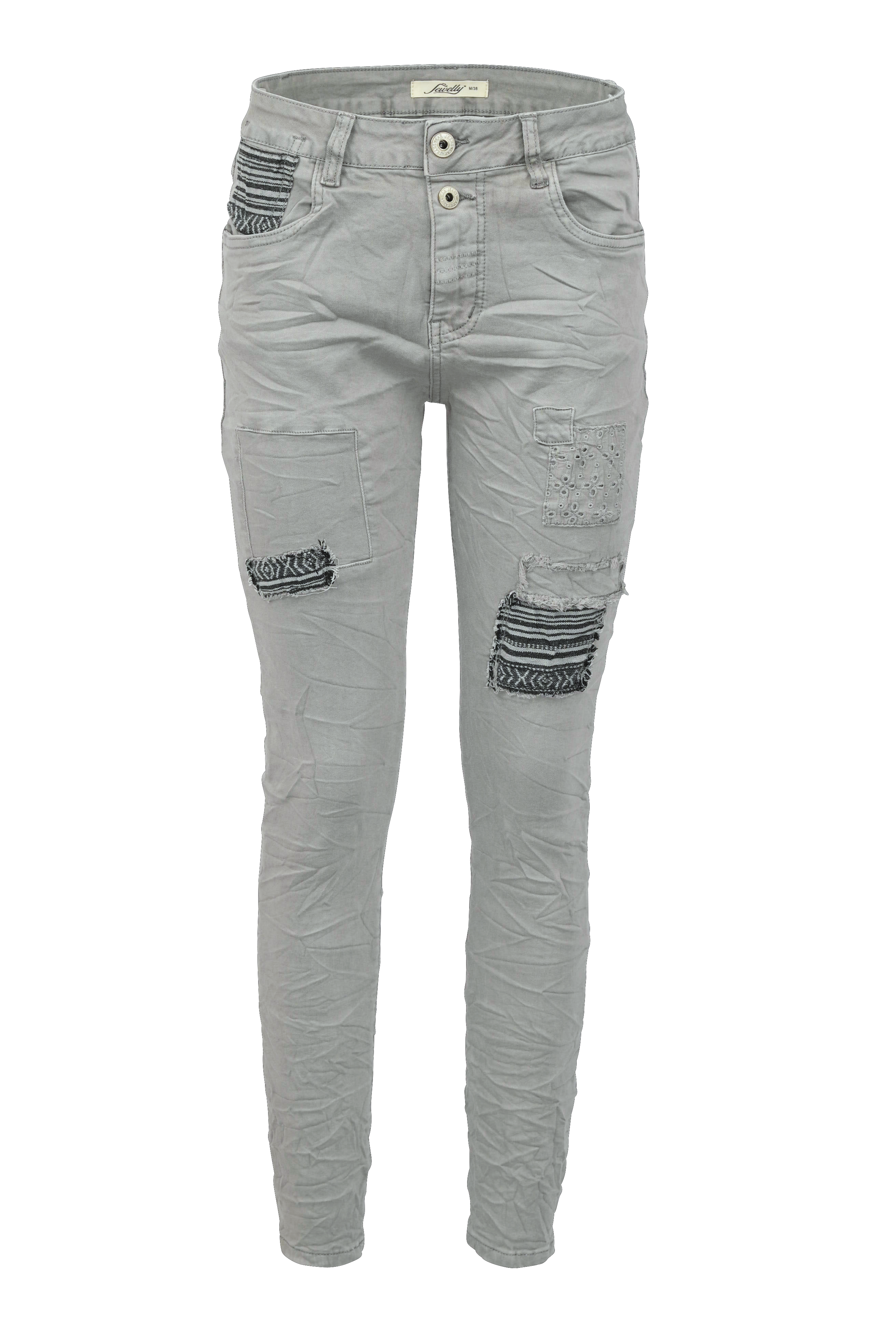 Jewelly Damen Stretch Boyfriend Jeans -  Patches Aufnäher - Five-Pocket im Crash-Look