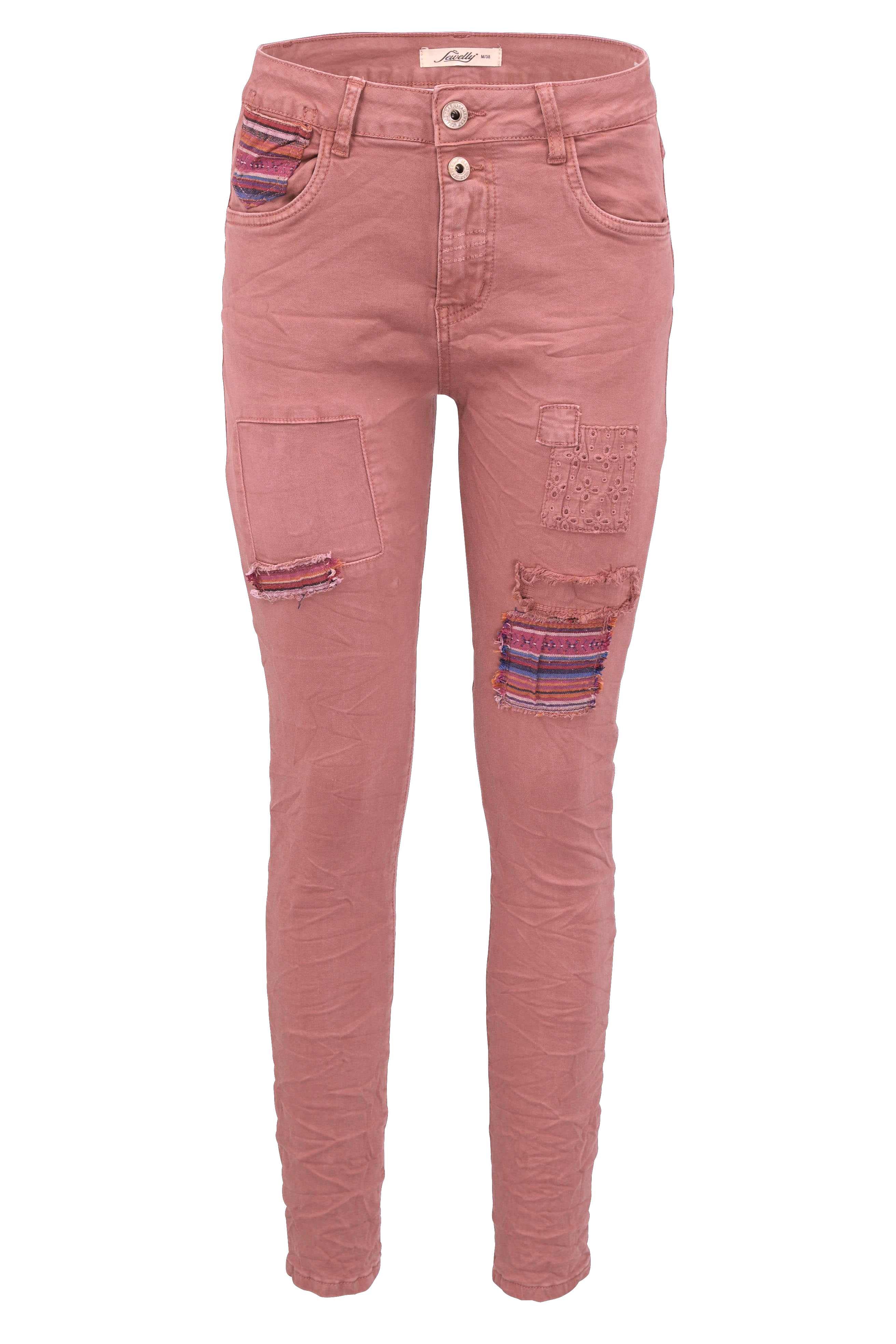 Jewelly Damen Stretch Boyfriend Jeans -  Patches Aufnäher - Five-Pocket im Crash-Look