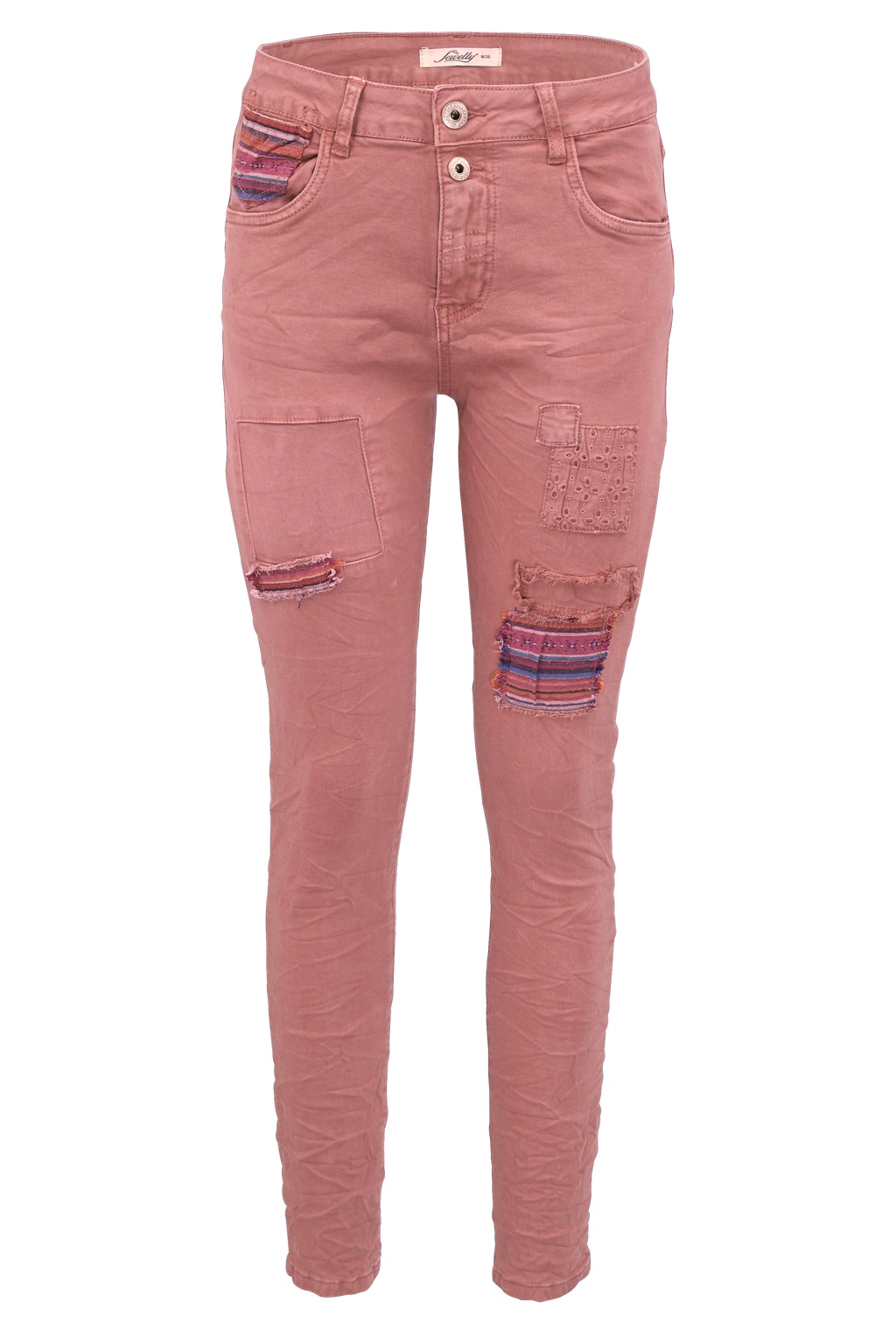 Jewelly Damen Stretch Boyfriend Jeans -  Patches Aufnäher - Five-Pocket im Crash-Look