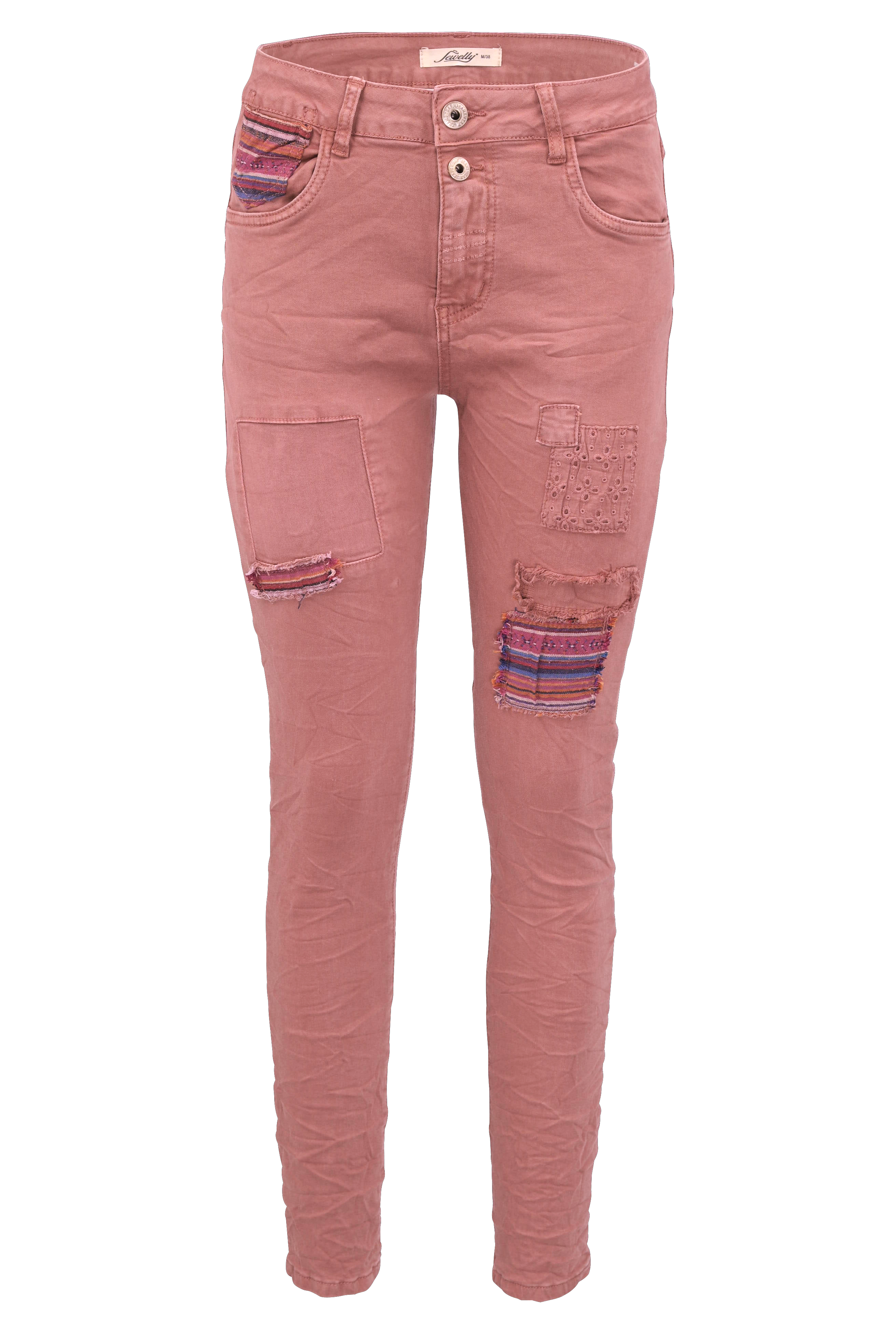 Jewelly Damen Stretch Boyfriend Jeans -  Patches Aufnäher - Five-Pocket im Crash-Look