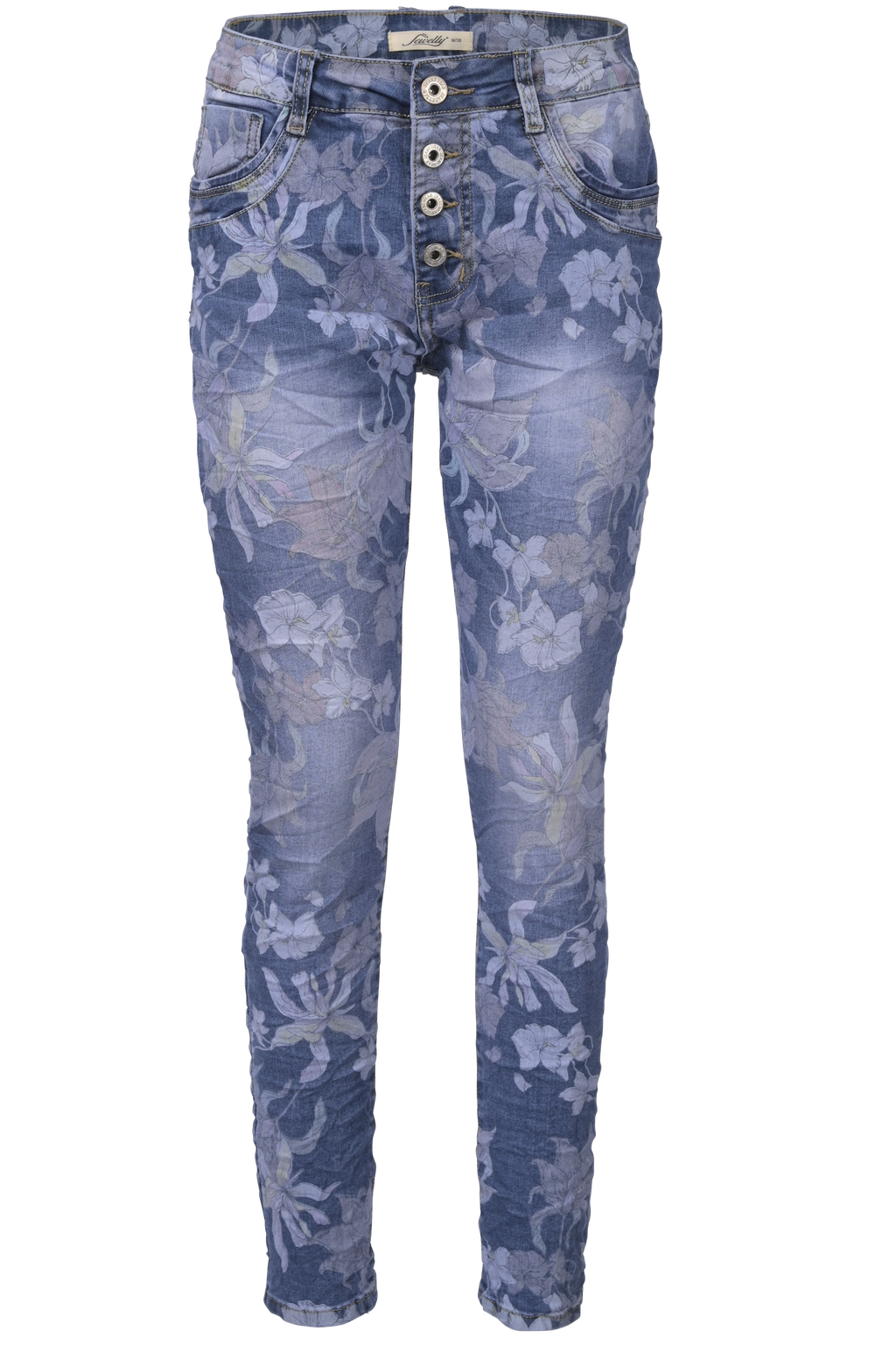 Jewelly Damen Stretch Boyfriend Jeans mit Blumen Print - Five-Pocket im Crash-Look