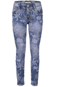 Jewelly Damen Stretch Boyfriend Jeans mit Blumen Print - Five-Pocket im Crash-Look