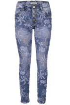 Jewelly Damen Stretch Boyfriend Jeans mit Blumen Print - Five-Pocket im Crash-Look