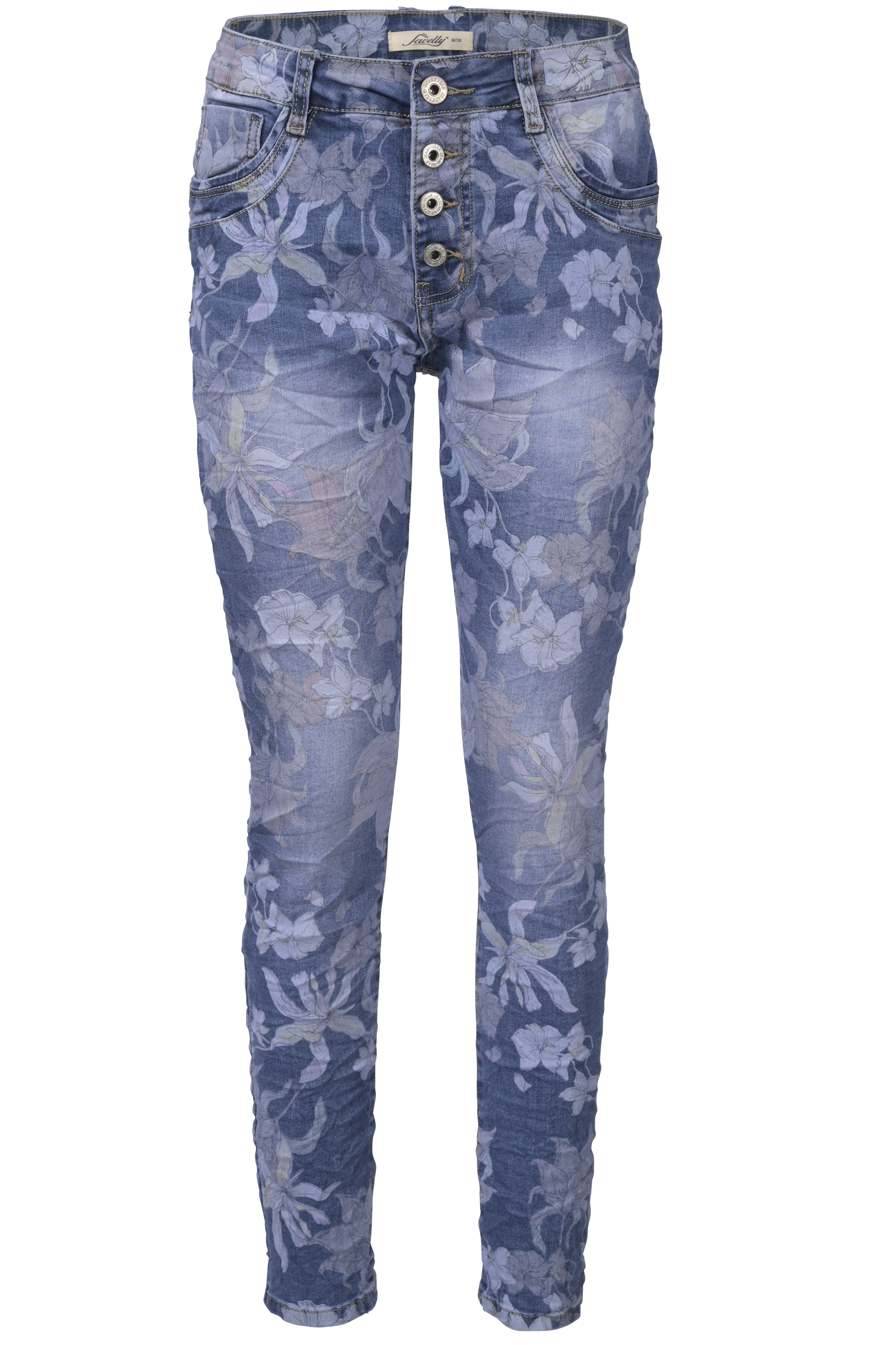 Jewelly Damen Stretch Boyfriend Jeans mit Blumen Print - Five-Pocket im Crash-Look