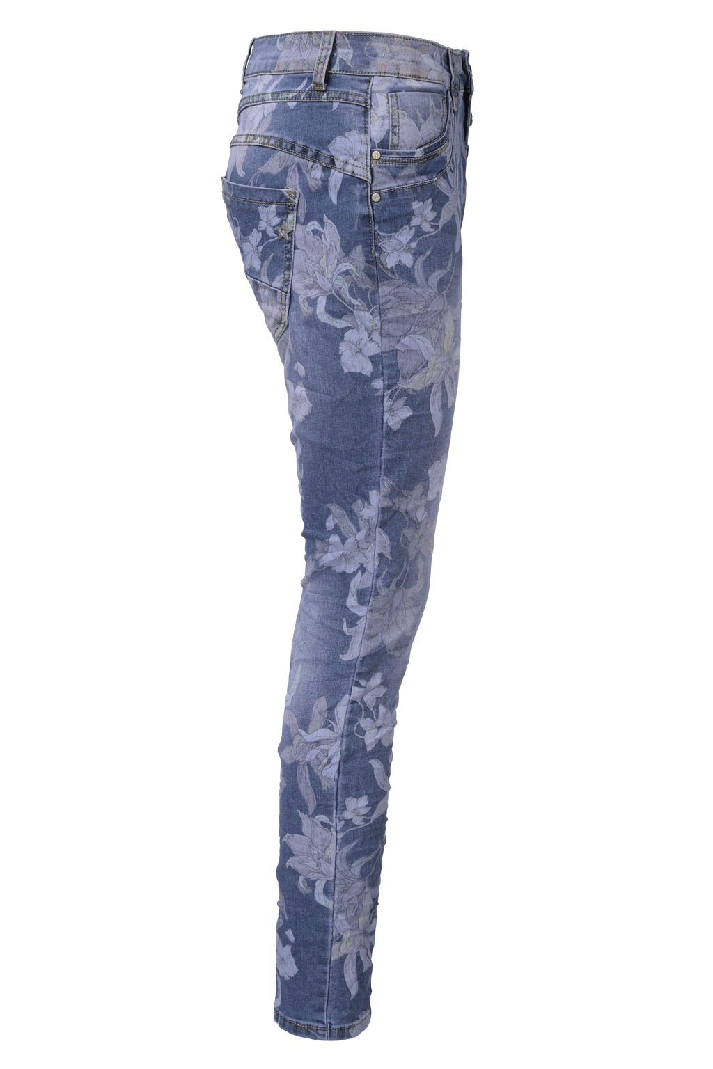 Jewelly Damen Stretch Boyfriend Jeans mit Blumen Print - Five-Pocket im Crash-Look