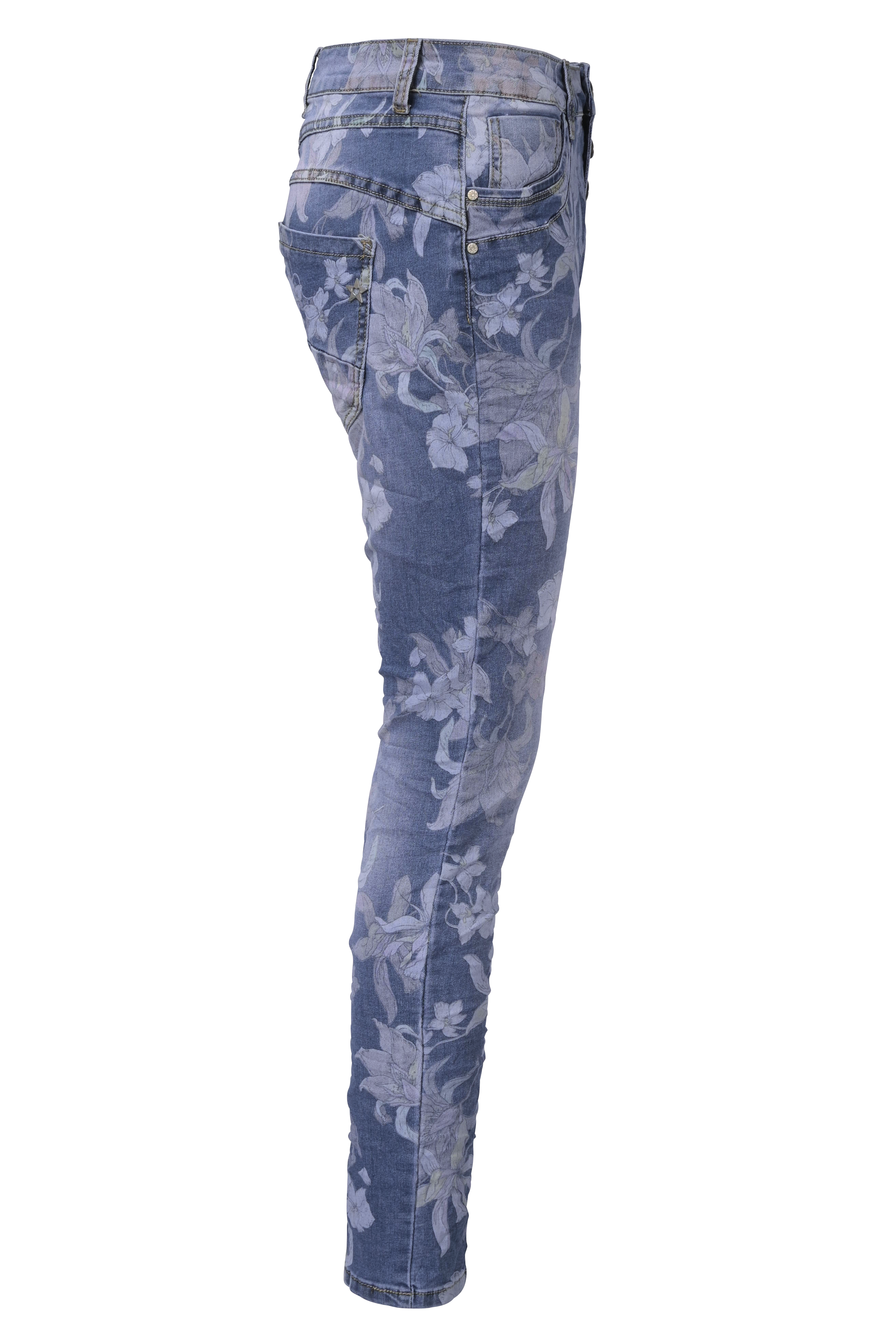 Jewelly Damen Stretch Boyfriend Jeans mit Blumen Print - Five-Pocket im Crash-Look