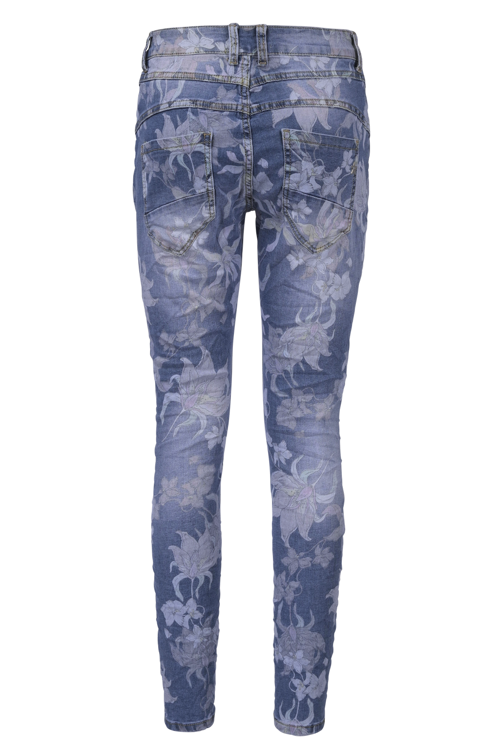 Jewelly Damen Stretch Boyfriend Jeans mit Blumen Print - Five-Pocket im Crash-Look
