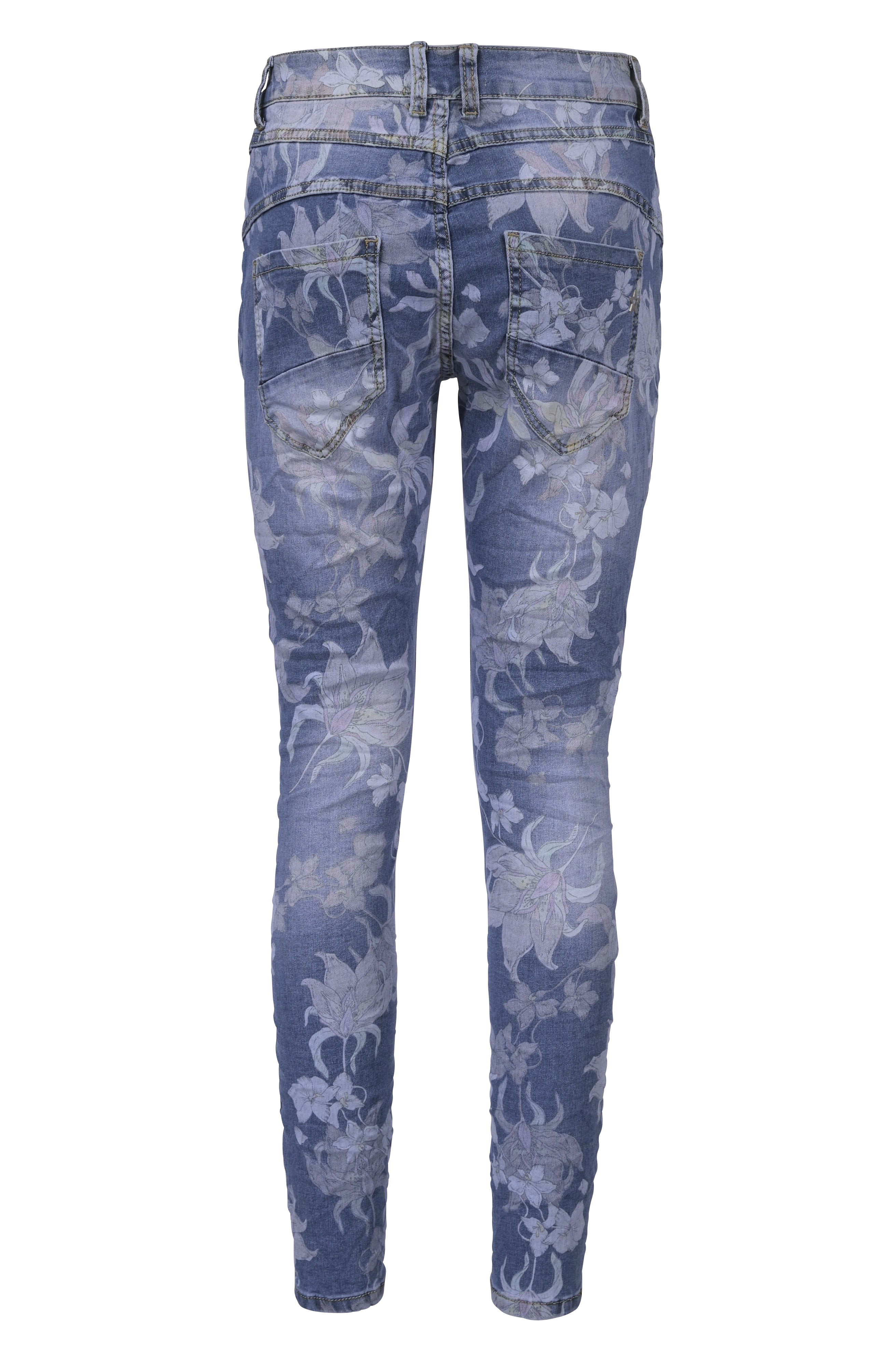Jewelly Damen Stretch Boyfriend Jeans mit Blumen Print - Five-Pocket im Crash-Look