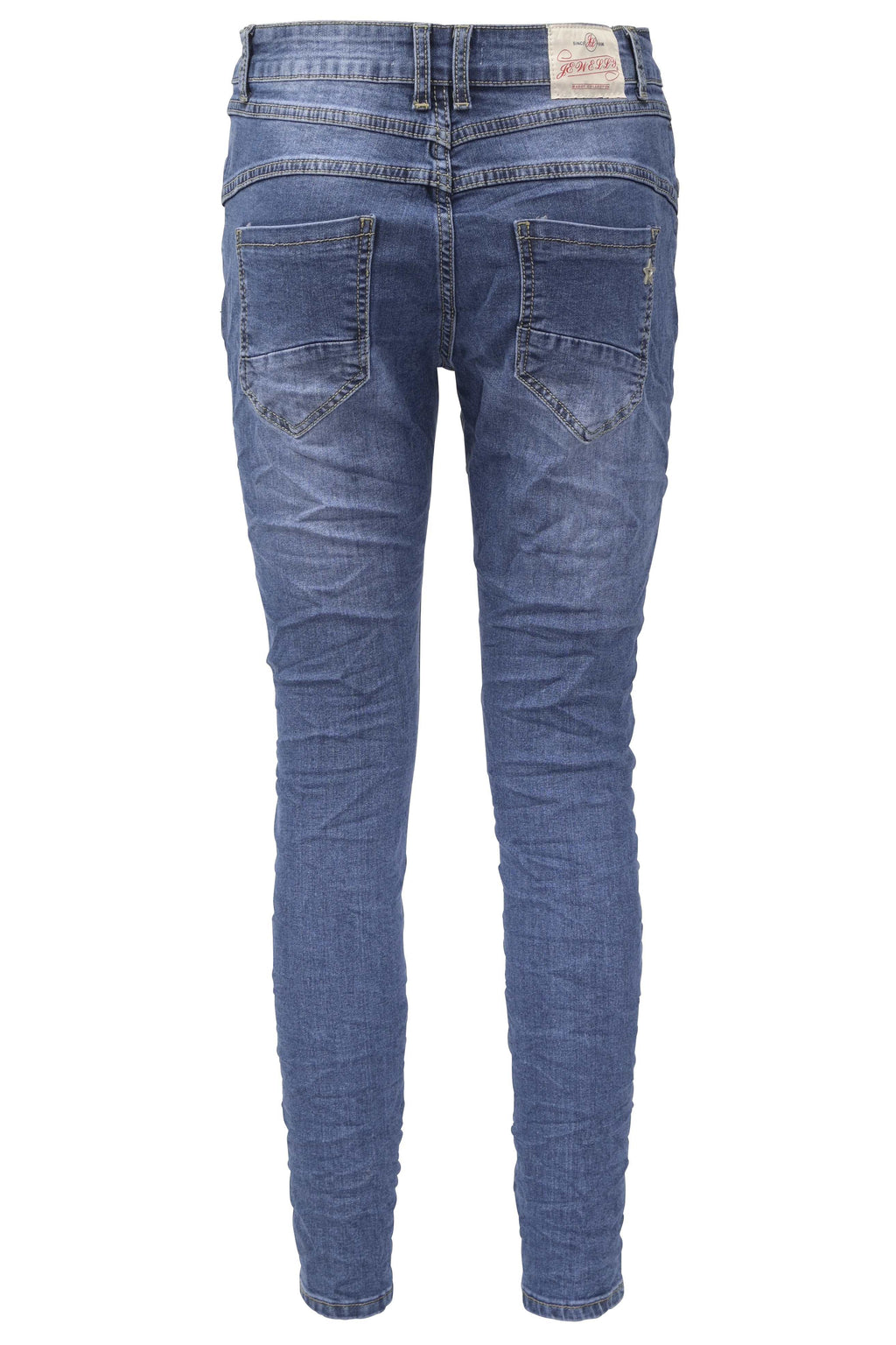 Jewelly Damen Stretch Jeans Five-Pocket im Crash-Look | Boyfriend Hose mit Reißverschluss und Schmuckknopf