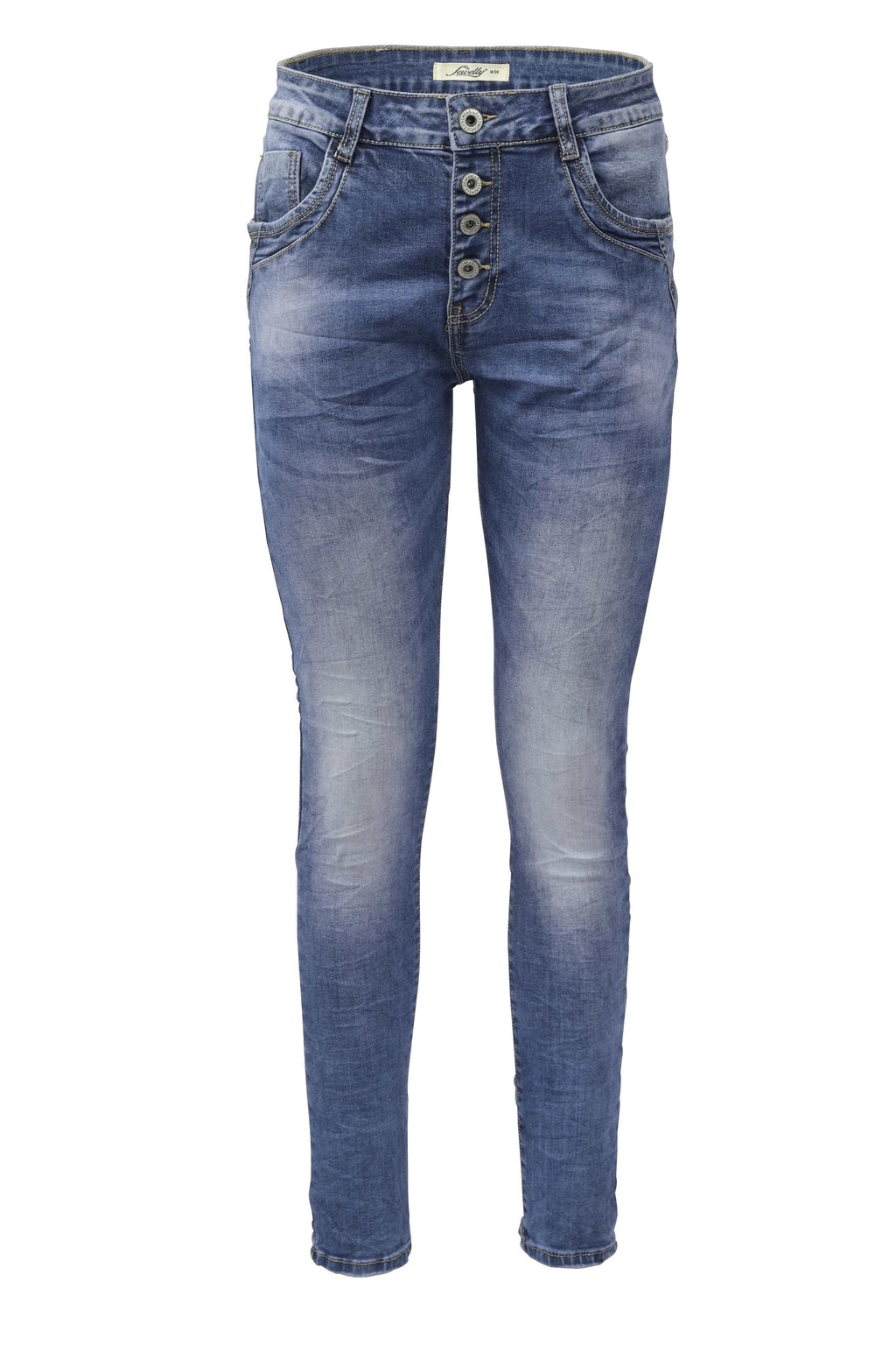 Jewelly Damen Stretch Jeans Five-Pocket im Crash-Look | Boyfriend Hose mit sichtbarer Knopfleiste