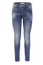Jewelly Damen Stretch Jeans Five-Pocket im Crash-Look | Boyfriend Hose mit sichtbarer Knopfleiste