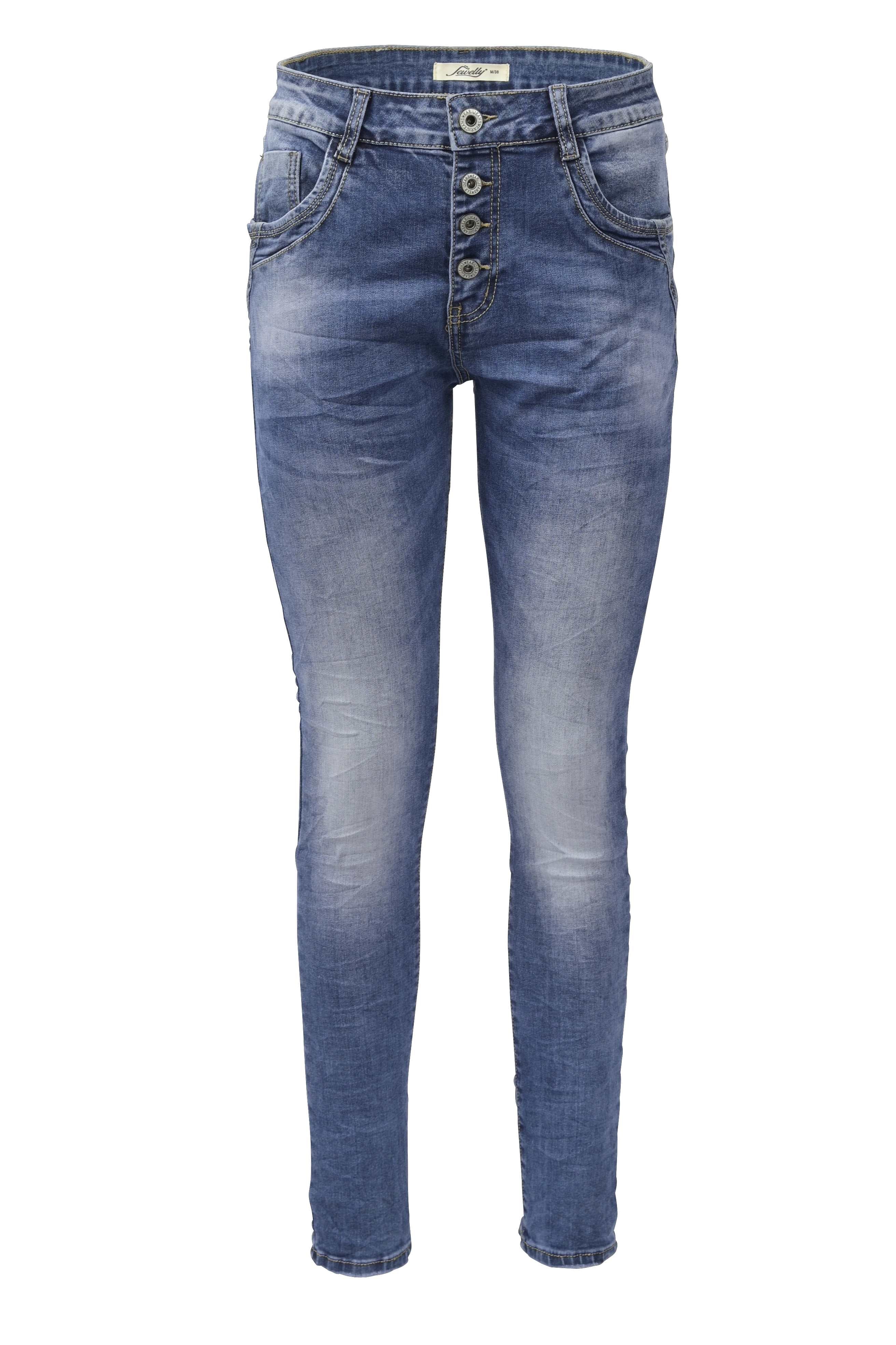 Jewelly Damen Stretch Jeans Five-Pocket im Crash-Look | Boyfriend Hose mit sichtbarer Knopfleiste