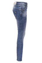 Jewelly Damen Stretch Jeans Five-Pocket im Crash-Look | Boyfriend Hose mit sichtbarer Knopfleiste